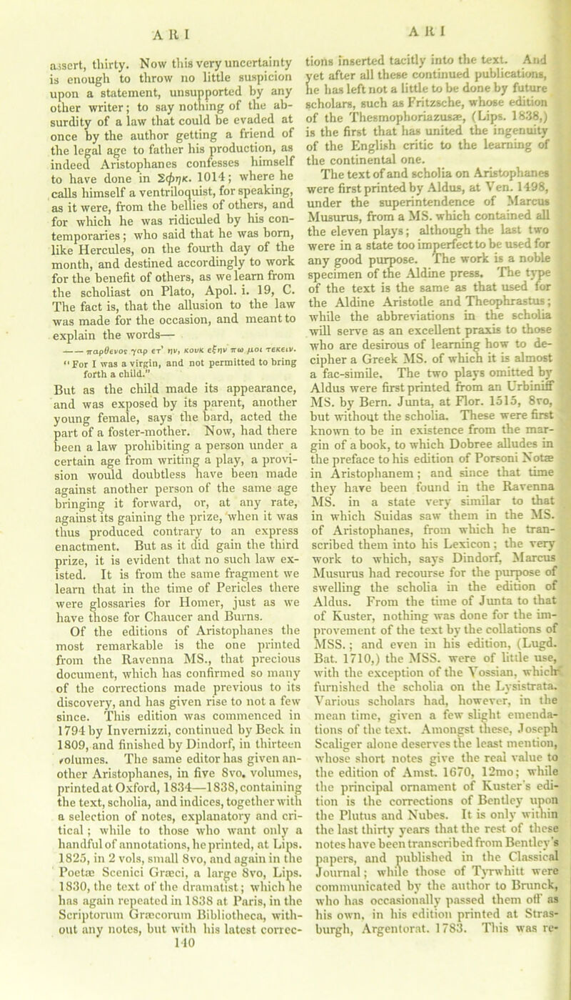 assert, thirty. Now this very uncertainty is enough to throw no little suspicion upon a statement, unsupported by any other writer; to say nothing of the ab- surdity of a law that could be evaded at once by the author getting a friend of the legal age to father his production, as indeed Aristophanes confesses himself to have done in Stjbr;*. 1014; where he calls himself a ventriloquist, for speaking, as it were, from the bellies of others, and for which he was ridiculed by his con- temporaries ; who said that he was horn, like Hercules, on the fourth day of the month, and destined accordingly to work for the benefit of others, as we learn from the scholiast on Plato, Apol. i. 19, C. The fact is, that the allusion to the law was made for the occasion, and meant to explain the words— napdevoi yap er rjv, kovk ef nv ttw M°* tekeiv. “ For I was a virgin, and not permitted to bring forth a child.” But as the child made its appearance, and was exposed by its parent, another young female, says the bard, acted the part of a foster-mother. Now, had there been a law prohibiting a person under a certain age from writing a play, a provi- sion would doubtless have been made against another person of the same age bringing it forward, or, at any rate, against its gaining the prize, 'when it was thus produced contrary to an express enactment. But as it did gain the third prize, it is evident that no such law ex- isted. It is from the same fragment we learn that in the time of Pericles there were glossaries for Homer, just as we have those for Chaucer and Burns. Of the editions of Aristophanes the most remarkable is the one printed from the Ravenna MS., that precious document, which has confirmed so many of the corrections made previous to its discovery, and has given rise to not a few since. This edition was commenced in 1794 by Invemizzi, continued by Beck in 1809, and finished by Dindorf, in thirteen volumes. The same editor has given an- other Aristophanes, in five 8vo. volumes, printed at Oxford, 1834—1838, containing the text, scholia, and indices, together with a selection of notes, explanatory and cri- tical ; while to those who want only a handful of annotations, he printed, at Lips. 1825, in 2 vols, small 8vo, and again in the Poetee Scenici Grseci, a large 8vo, Lips. 1830, the text of the dramatist; which he has again repeated in 1838 at Paris, in the Scriptorum Greecorum Bibliotheca, with- out any notes, but with his latest correc- 140 tions inserted tacitly into the text. And yet after all these continued publications, he has left not a little to be done by future scholars, such as Fritzsche, whose edition of the Thesmophoriazusae, (Lips. 1838,) is the first that lias united the ingenuity of the English critic to the learning of the continental one. The text of and scholia on Aristophanes were first printed by Aldus, at Ven. 1498, under the superintendence of Marcus Musurus, from a MS. which contained all the eleven plays; although the last two were in a state too imperfect to be used for any good purpose. The work is a noble specimen of the Aldine press. The type • of the text is the same as that used for the Aldine Aristotle and Theophrastus; | while the abbreviations in the scholia : will serve as an excellent praxis to those who are desirous of learning how to de- cipher a Greek MS. of which it is almost a fac-simile. The two plays omitted by > Aldus were first printed from an Urbiniff MS. by Bern. Junta, at Flor. 1515, 8ro, but without the scholia. These were first known to he in existence from the mar- gin of a book, to which Dobree alludes in the preface to his edition of Porsoni Nota in Aristoplianem; and since that time they have been found in the Ravenna MS. in a state very similar to that in which Suidas saw them in the MS. of Aristophanes, from which he tran- scribed them into his Lexicon ; the very work to which, says Dindorf, Marcus Musurus had recourse for the purpose of swelling the scholia in the edition of Aldus. From the time of Junta to that of Kuster, nothing was done for the im- provement of the text by the collations of MSS.; and even in his edition, (Lugd. Bat. 1710,) the MSS. were of little use, with the exception of the Yossian, whiclr furnished the scholia on the Lysistrata, Various scholars had, however, in the mean time, given a few slight emenda- tions of the text. Amongst these, Joseph Scaliger alone deserves the least mention, whose short notes give the real value to the edition of Amst. 1670, 12mo; while the principal ornament of Kuster’s edi- tion is the corrections of Bentley upon the Plutus and Nubes. It is only within the last thirty years that the rest of these notes have been transcribed from Bentley’s papers, and published in the Classical Journal; while those of Tyrwhitt were communicated by the author to Brunck, who has occasionally passed them off as his own, in his edition printed at Stras- burgh, Argentorat. 1783. This was re-