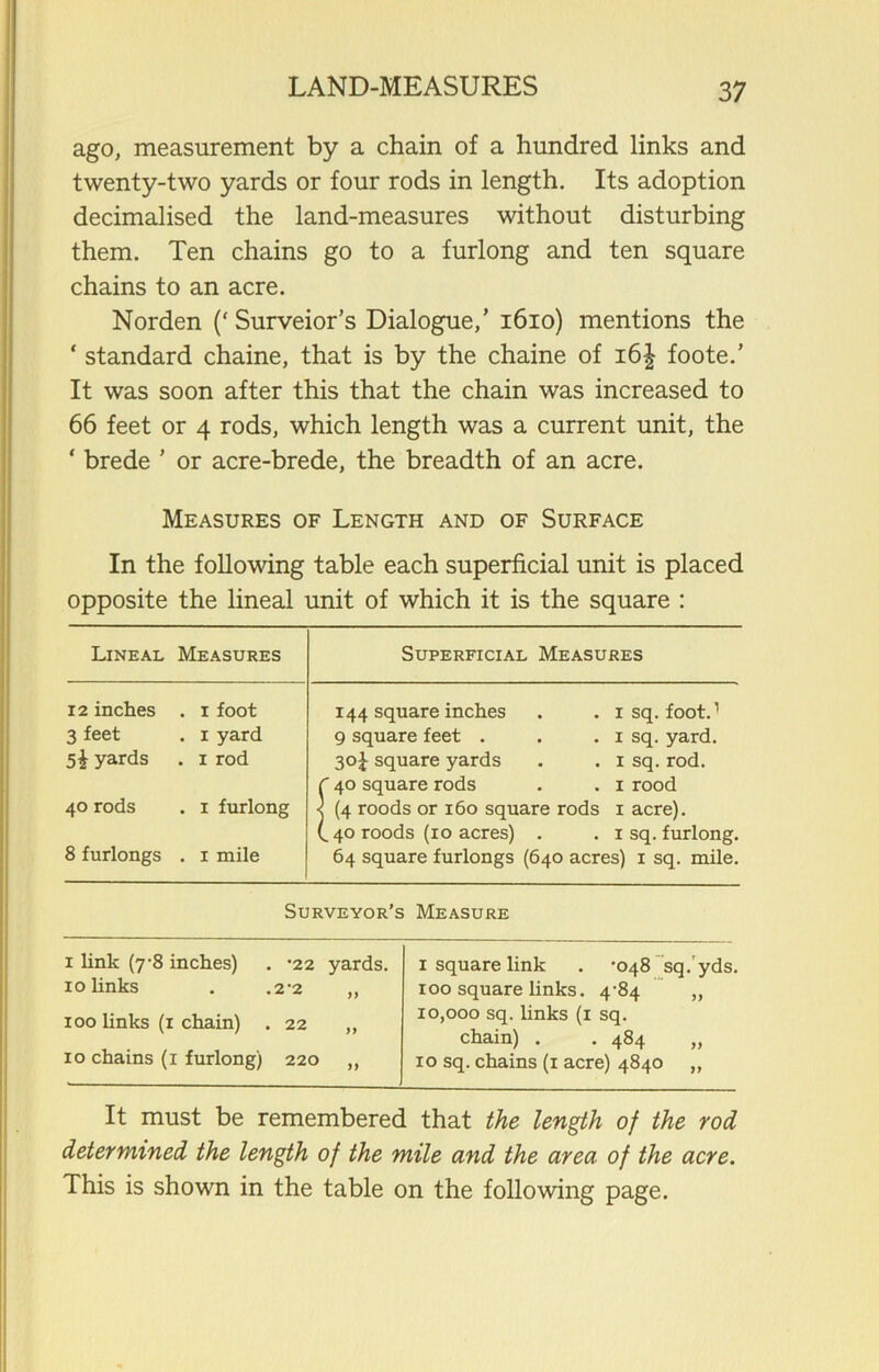 37 ago, measurement by a chain of a hundred links and twenty-two yards or four rods in length. Its adoption decimalised the land-measures without disturbing them. Ten chains go to a furlong and ten square chains to an acre. Norden (‘ Surveior’s Dialogue,’ 1610) mentions the ‘ standard chaine, that is by the chaine of i6| foote.’ It was soon after this that the chain was increased to 66 feet or 4 rods, which length was a current unit, the ‘ brede ’ or acre-brede, the breadth of an acre. Measures of Length and of Surface In the following table each superficial unit is placed opposite the lineal unit of which it is the square : Lineal Measures Superficial Measures 12 inches . 1 foot 3 feet . 1 yard 5^ yards . 1 rod 40 rods . 1 furlong 8 furlongs . 1 mile 144 square inches . . 1 sq. foot.1 9 square feet . . . 1 sq. yard. 30J square yards . . 1 sq. rod. C 40 square rods . . 1 rood < (4 roods or 160 square rods 1 acre). (.40 roods (10 acres) . . 1 sq. furlong. 64 square furlongs (640 acres) 1 sq. mile. Surveyor’s Measure 1 link (7-8 inches) . -22 yards. 10 links . . 2-2 „ 100 links (1 chain) . 22 ,, It must be remembered that the length of the rod determined the length of the mile and the area of the acre. This is shown in the table on the following page. 1 square link . ’048 sq. yds. 100 square links. 4-84 „ 10,000 sq. links (1 sq. chain) . . 484 „