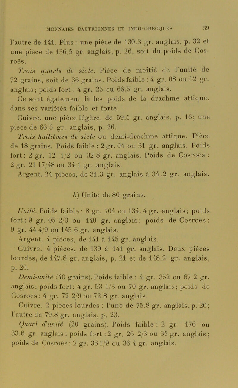 l’autre de 141. Plus : une pièce de 130.3 gr. anglais, p. 32 et une pièce de 136.5 gr. anglais, p. 26, soit du poids de Cos- roës. Trois quarts de siele. Pièce de moitié de l’unité de 72 grains, soit de 36 grains. Poids faible : 4 gr. 08 ou 62 gr. anglais; poids fort: 4 gr. 25 ou 66.5 gr. anglais. Ce sont également là les poids de la drachme attique, dans ses variétés faible et forte. Cuivre, une pièce légère, de 59.5 gr. anglais, p. 16; une pièce de 66.5 gr. anglais, p. 26. Trois huitièmes de sicle ou demi-drachme attique. Pièce de 18 grains. Poids faible : 2 gr. 04 ou 31 gr. anglais. Poids fort: 2 gr. 12 1/2 ou 32.8 gr. anglais. Poids de Cosroës : 2 gr. 21 17/48 ou 34.1 gr. anglais. Argent. 24 pièces, de 31.3 gr. anglais à 34.2 gr. anglais. b) Unité de 80 grains. Unité. Poids faible : 8 gr. 704 ou 134. 4 gr. anglais; poids fort : 9 gr. 05 2/3 ou 140 gr. anglais; poids de Cosroës: 9 gr. 44 4 '9 ou 145.6 gr. anglais. Argent. 4 pièces, de 141 à 145 gr. anglais. Cuivre. 4 pièces, de 139 à 141 gr. anglais. Deux pièces lourdes, de 147.8 gr. anglais, p. 21 et de 148.2 gr. anglais, p. 20. Demi-unité (40 grains). Poids faible : 4 gr. 352 ou 67.2 gr. anglais; poids fort: 4 gr. 53 1/3 ou 70 gr. anglais; poids de Cosroës: 4 gr. 72 2/9 ou 72.8 gr. anglais. Cuivre. 2 pièces lourdes : l’une de 75.8 gr. anglais, p. 20; l’autre de 79.8 gr. anglais, p. 23. Quart d'unité (20 grains). Poids faible : 2 gr 176 ou 33.6 gr anglais; poids fort :2 gr. 26 2/3 ou 35 gr. anglais; poids de Cosroës : 2 gr. 36 1/9 ou 36.4 gr. anglais.