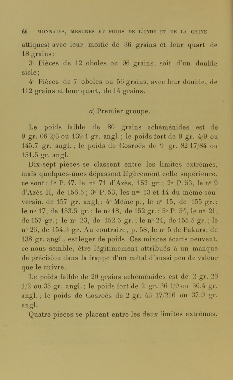 attiques) avec leur moitié de 36 grains et leur quart de 18 grains ; 3° Pièces de 12 oboles ou 96 grains, soit d’un double sicle; 4° Pièces de 7 oboles ou 56 grains, avec leur double, de 112 grains et leur quart, de 14 grains. a) Premier groupe. Le poids faible de 80 grains achéménides est de 9 gr. 06 2/3 ou 139.1 gr. angl.; le poids fort de 9 gr. 4/9 ou 145.7 gr. angl. ; le poids de Cosroës de 9 gr. 82 17/84 ou 151.5 gr. angl. Dix-sept pièces se classent entre les limites extrêmes, mais quelques-unes dépassent légèrement celle supérieure, ce sont: 1° P. 47, le n° 71 d’Azès, 152 gr. ; 2° P. 53, le n° 9 d’Azès II, de 156.5 ; 3° P. 53, les nos 13 et 14 du même sou- verain, de 157 gr. angl.; 4° Même p., le n° 15, de 155 gr. ; le n° 17, de 153.5 gr.; le n° 18, de 152 gr.; 5° P. 54, le n° 21, de 157 gr. ; le n° 23, de 152.5 gr. ; le n° 24, de 155.5 gr. ; le n° 26, de 154.3 gr. Au contraire, p. 58, le n° 5 de Pakura, de 138 gr. angl., est léger de poids. Ces minces écarts peuvent, ce nous semble, être légitimement attribués à un manque de précision dans la frappe d’un métal d’aussi peu de valeur que le cuivre. Le poids faible de 20 grains achéménides est de 2 gr. 26 1/2 ou 35 gr. angl.; le poids fort de 2 gr. 36 1/9 ou 36.4 gr. angl. ; le poids de Cosroës de 2 gr. 43 17/216 ou 37.9 gr. angl. Quatre pièces se placent entre les deux limites extrêmes.