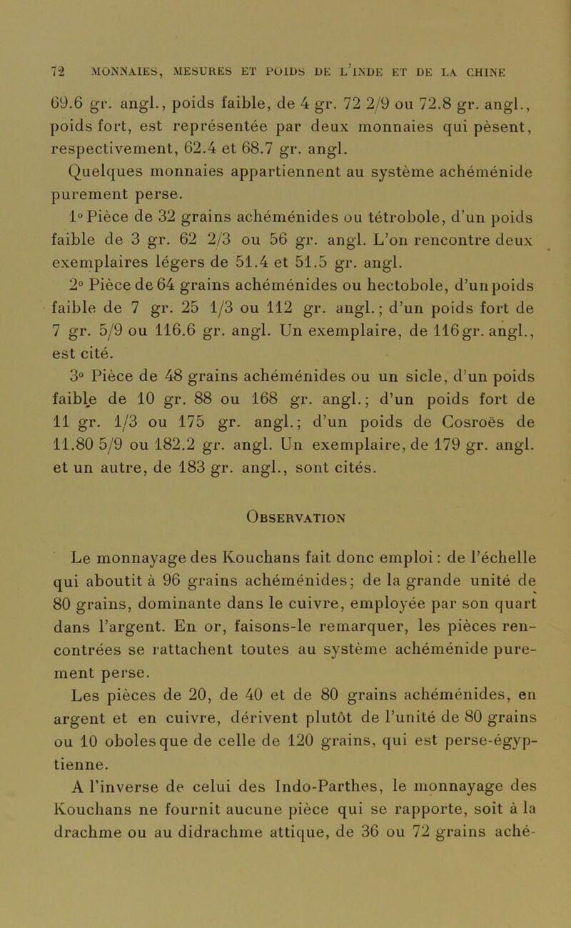 69.6 gr. angl., poids faible, de 4 gr. 72 2/9 ou 72.8 gr. angl., poids fort, est représentée par deux monnaies qui pèsent, respectivement, 62.4 et 68.7 gr. angl. Quelques monnaies appartiennent au système achéménide purement perse. 1° Pièce de 32 grains achéménides ou tétrobole, d’un poids faible de 3 gr. 62 2/3 ou 56 gr. angl. L’on rencontre deux exemplaires légers de 51.4 et 51.5 gr. angl. 2° Pièce de 64 grains achéménides ou hectobole, d’un poids faible de 7 gr. 25 1/3 ou 112 gr. angl.; d’un poids fort de 7 gr. 5/9 ou 116.6 gr. angl. Un exemplaire, de 116gr. angl., est cité. 3° Pièce de 48 grains achéménides ou un sicle, d’un poids faible de 10 gr. 88 ou 168 gr. angl.; d’un poids fort de 11 gr. 1/3 ou 175 gr. angl.; d’un poids de Gosroës de 11.80 5/9 ou 182.2 gr. angl. Un exemplaire, de 179 gr. angl. et un autre, de 183 gr. angl., sont cités. Observation Le monnayage des Kouchans fait donc emploi : de l’échelle qui aboutit à 96 grains achéménides; de la grande unité de 80 grains, dominante dans le cuivre, employée par son quart dans l’argent. En or, faisons-le remarquer, les pièces ren- contrées se rattachent toutes au système achéménide pure- ment perse. Les pièces de 20, de 40 et de 80 grains achéménides, en argent et en cuivre, dérivent plutôt de l’unité de 80 grains ou 10 oboles que de celle de 120 grains, qui est perse-égyp- tienne. A l’inverse de celui des Indo-Parthes, le monnayage des Kouchans ne fournit aucune pièce qui se rapporte, soit à la drachme ou au didrachme attique, de 36 ou 72 grains aché-