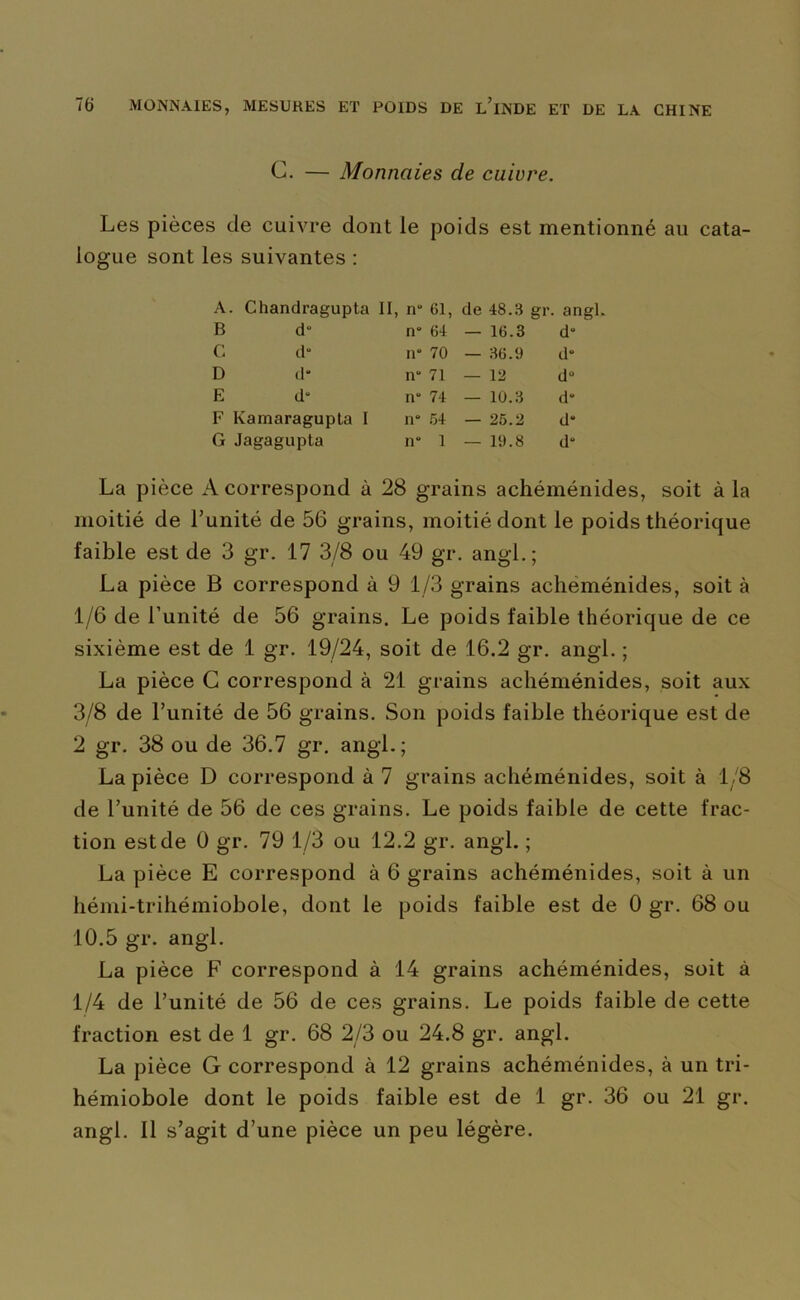 C. — Monnaies de cuivre. Les pièces de cuivre dont le poids est mentionné au cata- logue sont les suivantes : A. Chandragupta II, n 61, de 48. 3 gr. angl B d“ n 64 — 16. .3 d G d il 70 — 36. .9 d D d“ n 71 — 12 d E d ri 74 — 10. 3 d F 1 Kamaragupta I n 54 — 25. ,2 d G . Jagagupta n 1 — 11). .8 d La pièce A correspond à 28 grains achéménides, soit à la moitié de l’unité de 56 grains, moitié dont le poids théorique faible est de 3 gr. 17 3/8 ou 49 gr. angl.; La pièce B correspond à 9 1/3 grains achéménides, soit à 1/6 de l’unité de 56 grains. Le poids faible théorique de ce sixième est de 1 gr. 19/24, soit de 16.2 gr. angl. ; La pièce G correspond à 21 grains achéménides, soit aux 3/8 de l’unité de 56 grains. Son poids faible théorique est de 2 gr. 38 ou de 36.7 gr. angl.; La pièce D correspond à 7 grains achéménides, soit à 1/8 de l’unité de 56 de ces grains. Le poids faible de cette frac- tion est de 0 gr. 79 1/3 ou 12.2 gr. angl. ; La pièce E correspond à 6 grains achéménides, soit à un hémi-trihémiobole, dont le poids faible est de 0 gr. 68 ou 10.5 gr. angl. La pièce F correspond à 14 grains achéménides, soit à 1/4 de l’unité de 56 de ces grains. Le poids faible de cette fraction est de 1 gr. 68 2/3 ou 24.8 gr. angl. La pièce G correspond à 12 grains achéménides, à un tri- hémiobole dont le poids faible est de 1 gr. 36 ou 21 gr. angl. Il s’agit d’une pièce un peu légère.