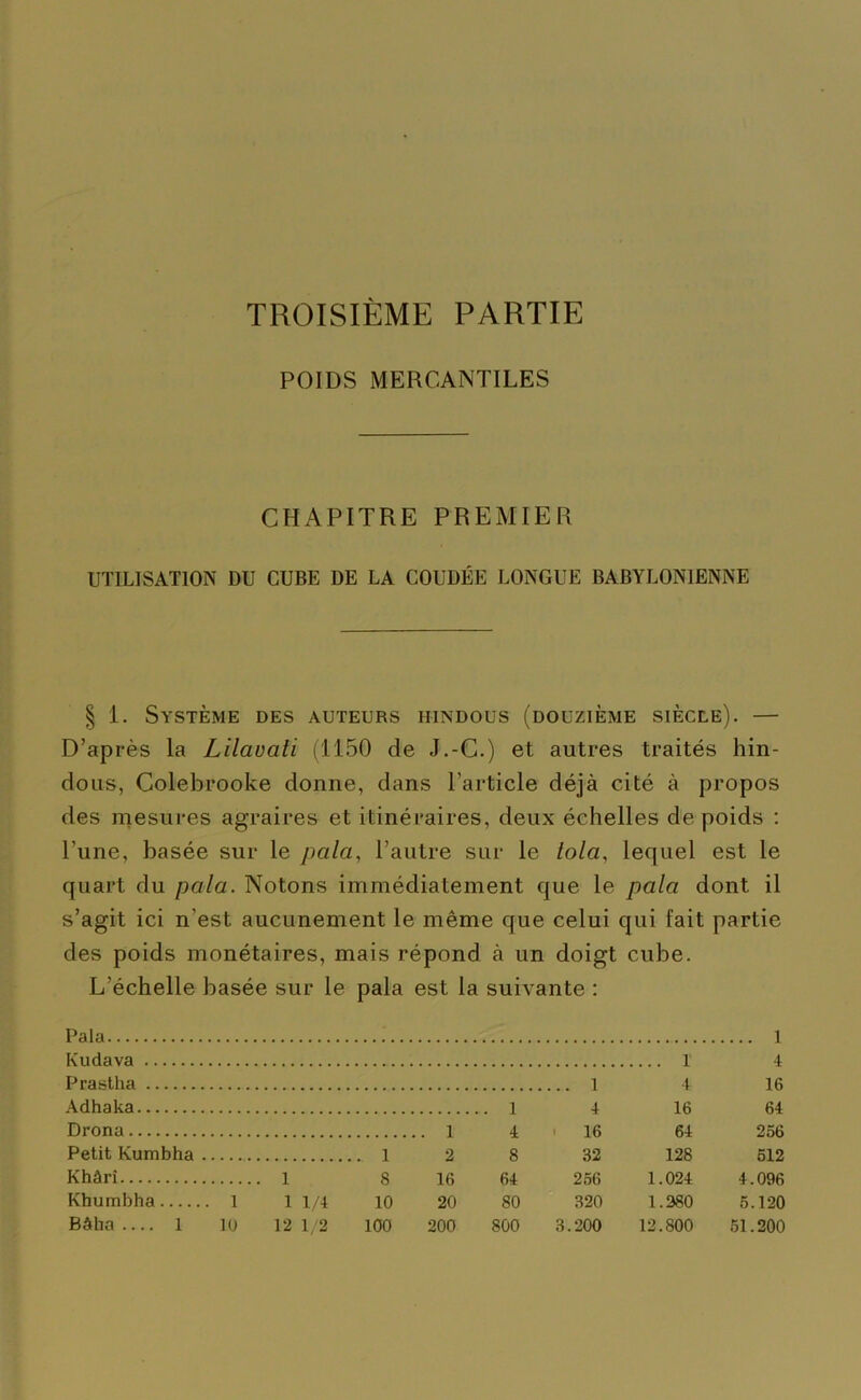 TROISIÈME PARTIE POIDS MERCANTILES CHAPITRE PREMIER UTILISATION DU CUBE DE LA COUDÉE LONGUE BABYLONIENNE | 1. Système des auteurs hindous (douzième siècle). — D’après la Lilauali (1150 de J.-C.) et autres traités hin- dous, Colebrooke donne, dans l’article déjà cité à propos des mesures agraires et itinéraires, deux échelles de poids : l'une, basée sur le pala, l’autre sur le /o/a, lequel est le quart du pala. Notons immédiatement que le pala dont il s’agit ici n'est aucunement le même que celui qui fait partie des poids monétaires, mais répond à un doigt cube. L’échelle basée sur le pala est la suivante : Pala 1 Kudava 1 4 Prastha 1 4 16 Adhaka 1 4 16 64 Drona 1 4 < 16 64 256 Petit Kumbha 1 2 8 32 128 512 Khârî 1 8 16 64 256 1.024 4.096 Khumbha 1 1 1/4 10 20 80 320 1.380 5.120