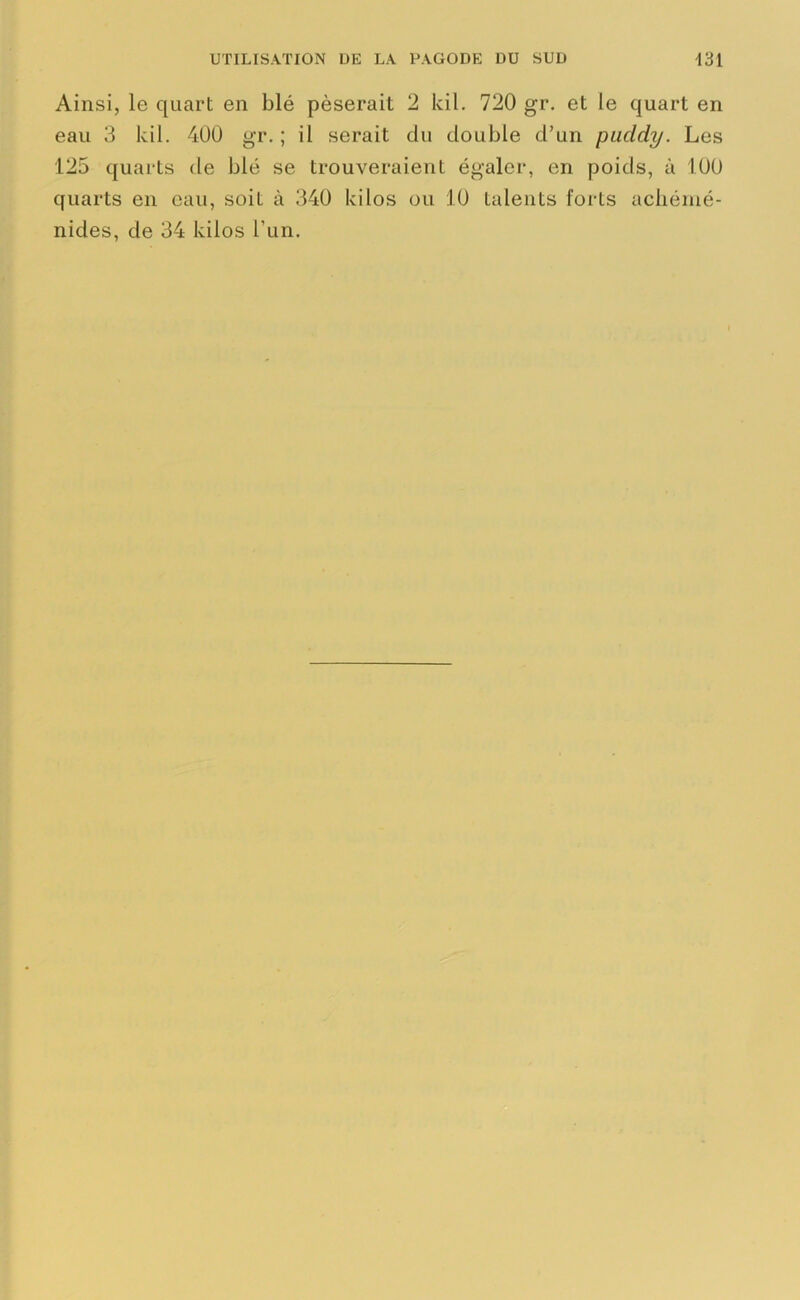 Ainsi, le quart en blé pèserait 2 ldi. 720 gr. et le quart en eau 3 kil. 400 gr. ; il serait du double d’un pucldy. Les 125 quarts de blé se trouveraient égaler, en poids, à 100 quarts en eau, soit à 340 kilos ou 10 talents forts achénié- nides, de 34 kilos l’un.