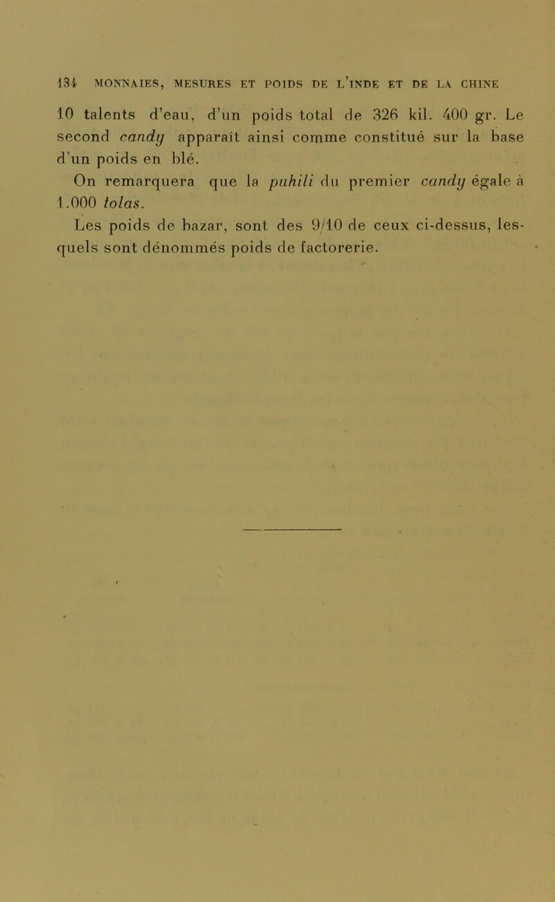 10 talents d’eau, d’un poids total de 326 kil. 400 gr. Le second candy apparaît ainsi comme constitué sur la hase d’un poids en blé. On remarquera que la puhili du premier candy égale à 1.000 tolas. Les poids de bazar, sont des 9/10 de ceux ci-dessus, les- quels sont dénommés poids de factorerie.