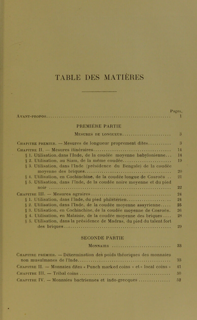 TABLE DES MATIÈRES Pages. Avant-propos 1 PREMIÈRE PARTIE Mesures de longueur 3 Chapitre premier. —Mesures de longueur proprement dites 3 Chapitre II. — Mesures itinéraires 14 | 1. Utilisation,dans l’Inde, de la coudée moyenne babylonienne... 14 | 2. Utilisation, au Siam, de la même coudée 19 | 3. Utilisation, dans l'Inde (présidence du Bengale) de la coudée moyenne des briques 20 | 4. Utilisation, en Cochinchine, de la coudée longue de Cosroës .. 21 § 5. Utilisation, dans l’Inde, de la coudée noire moyenne et du pied noir 22 Chapitre III. — Mesures agraires 24 | 1. Utilisation, dans l’Inde, du pied philétérien 24 § 2. Utilisation, dans l’Inde, de la coudée moyenne assyrienne 25 | 3. Utilisation, en Cochinchine, de la coudée moyenne de Cosroës. 26 | 4. Utilisation, en Malaisie, de la coudée moyenne des briques 28 § 5. Utilisation, dans la présidence de Madras, du pied du talent fort des briques., i 29 SECONDE PARTIE Monnaies 33 Chapitre premier. — Détermination defe poids théoriques des monnaies non musulmanes de l’Inde 33 Chapitre II. — Monnaies dites « Punch marked coins » et« local coins » 41 Chapitre III. — Tribal coins 50 Chapitre IV. — Monnaies bactriennes et indo-grecques 52