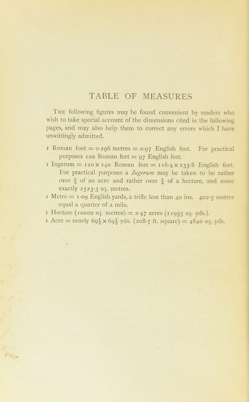 TABLE OF MEASURES The following figures may be found convenient by readers who wish to take special account of the dimensions cited in the following pages, and may also help them to correct any errors which I have unwittingly admitted. i Roman foot = 0-296 metres = 0-97 English feet. For practical purposes 100 Roman feet = 97 English feet. 1 Iugerum = 120x240 Roman feet = 116-4 x 233-8 English feet. For practical purposes a Iugerum may be taken to be rather over § of an acre and rather over J of a hectare, and more exactly 2523-3 sq. metres. 1 Metre = 1-09 English yards, a trifle less than 40 ins. 402-5 metres equal a quarter of a mile. 1 Hectare (10000 sq. metres) = 2-47 acres (11955 scl- yds.). 1 Acre = nearly 69JX 69! yds. (208-7 ft- square) = 4840 sq. yds.