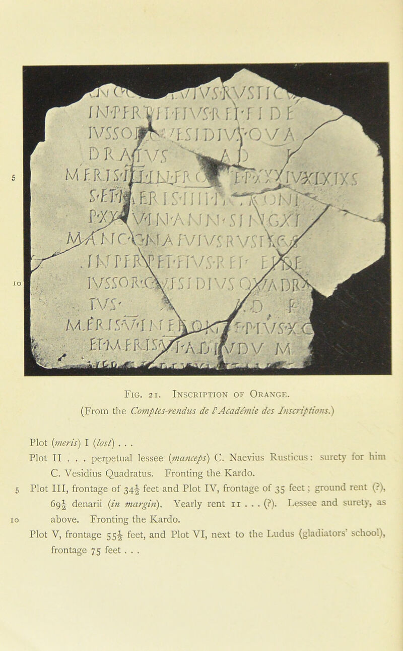 Fig. 2i. Inscription of Orange. (From the Comptes-rendus de PAcademe des Inscriptions.) Plot (men's) I (lost) . . . Plot II . . . perpetual lessee (manceps) C. Naevius Rusticus: surety for him C. Vesidius Quadratus. Fronting the Kardo. 5 Plot III, frontage of 34^ feet and Plot IV, frontage of 35 feet; ground rent (?), 69 A denarii (in margin). Yearly rent n . . . (?). Lessee and surety, as 10 above. Fronting the Kardo. Plot V, frontage 55^ feet, and Plot VI, next to the Ludus (gladiators school), frontage 75 feet . . .