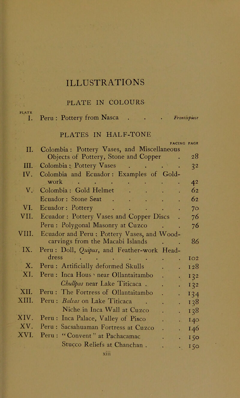 PLATE IN COLOURS PLATE I. Peru : Pottery from Nasca . . . Frontispiece PLATES IN HALF-TONE FACING PAGE II. Colombia : Pottery Vases, and Miscellaneous Objects of Pottery, Stone and Copper . 28 III. Colombia: Pottery Vases .... 32 IV. Colombia and Ecuador: Examples of Gold- work ....... 42 V. Colombia: Gold Helmet .... 62 Ecuador: Stone Seat ..... 62 VI. Ecuador: Pottery ..... 70 VII. Ecuador: Pottery Vases and Copper Discs . 76 Peru : Polygonal Masonry at Cuzco . . 76 VIII. Ecuador and Peru : Pottery Vases, and Wood- carvings from the Macabi Islands . . 86 IX. Peru : Doll, Qiiipus, and Feather-work Head- dress ....... 102 X. Peru: Artificially deformed Skulls . .128 XI. Peru: Inca Hous1 near Ollantaitambo . -132 Chullpas near Lake T'iticaca . . .132 XII. Peru : The Fortress of Ollantaitambo . .134 XIII. Peru: Balsas on Lake Titicaca . . .138 Niche in Inca Wall at Cuzco . . 138 XIV. Peru : Inca Palace, Valley of Pisco . .140 XV. Peru : Sacsahuaman Fortress at Cuzco . . 146 XVI. Peru: “ Convent ” at Pachacamac . . 150 Stucco Reliefs at Chanchan . . .150