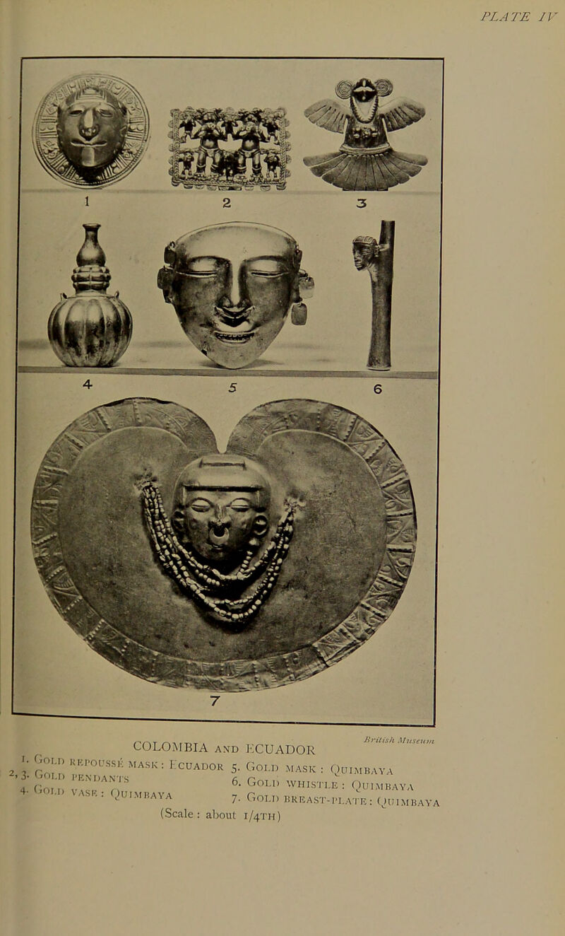 PLATE IV COLOMBIA and KCUADOR 2 i rmn REP°USS,i #K: Ecuador 5. Gold mask : Quimbaya 'i j' LjOI.D PENDANTS a 4 Goil) VKL- , 6' GolI) WHISTLE: QuiMBAYA Quimhaya 7- Gold breast-plate: Quimbaya (Scale: about 1/4TH)