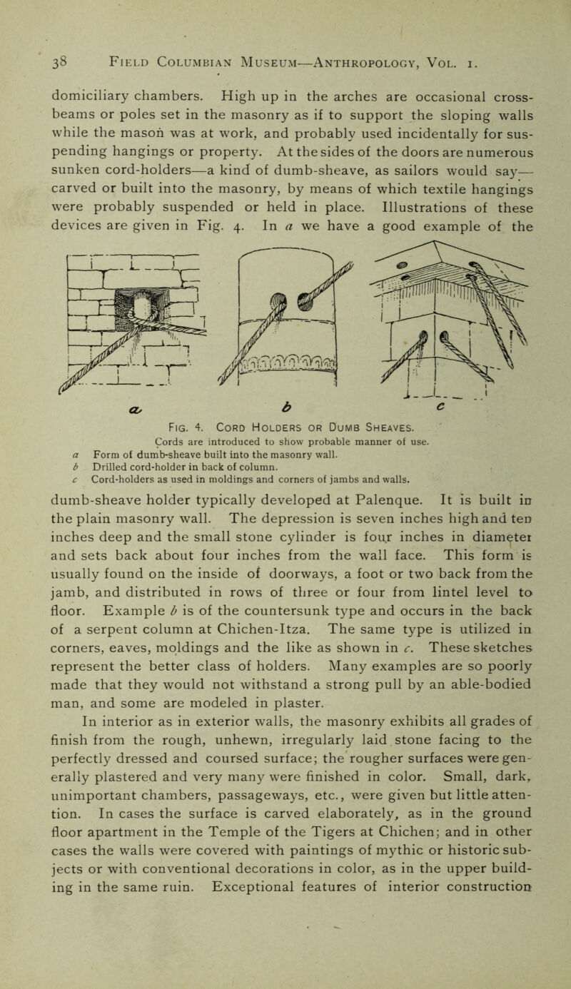 domiciliary chambers. High up in the arches are occasional cross- beams or poles set in the masonry as if to support the sloping walls while the mason was at work, and probably used incidentally for sus- pending hangings or property. At the sides of the doors are numerous sunken cord-holders—a kind of dumb-sheave, as sailors would say— carved or built into the masonry, by means of which textile hangings were probably suspended or held in place. Illustrations of these devices are given in Fig. 4. In a we have a good example of the Fig. 4. Cord Holders or Dumb Sheaves. Cords are introduced to show probable manner of use. a Form of dumb-sheave built into the masonry wall. b Drilled cord-holder in back of column. c Cord-holders as used in moldings and corners of jambs and walls. dumb-sheave holder typically developed at Palenque. It is built in the plain masonry wall. The depression is seven inches high and ten inches deep and the small stone cylinder is four inches in diameter and sets back about four inches from the wall face. This form is usually found on the inside of doorways, a foot or two back from the jamb, and distributed in rows of three or four from lintel level to floor. Example b is of the countersunk type and occurs in the back of a serpent column at Chichen-Itza. The same type is utilized in corners, eaves, moldings and the like as shown in c. These sketches represent the better class of holders. Many examples are so poorly made that they would not withstand a strong pull by an able-bodied man, and some are modeled in plaster. In interior as in exterior walls, the masonry exhibits all grades of finish from the rough, unhewn, irregularly laid , stone facing to the perfectly dressed and coursed surface; the'rougher surfaces were gen- erally plastered and very many were finished in color. Small, dark, unimportant chambers, passageways, etc., were given but little atten- tion. In cases the surface is carved elaborately, as in the ground floor apartment in the Temple of the Tigers at Chichen; and in other cases the walls were covered with paintings of mythic or historic sub- jects or with conventional decorations in color, as in the upper build- ing in the same ruin. Exceptional features of interior construction