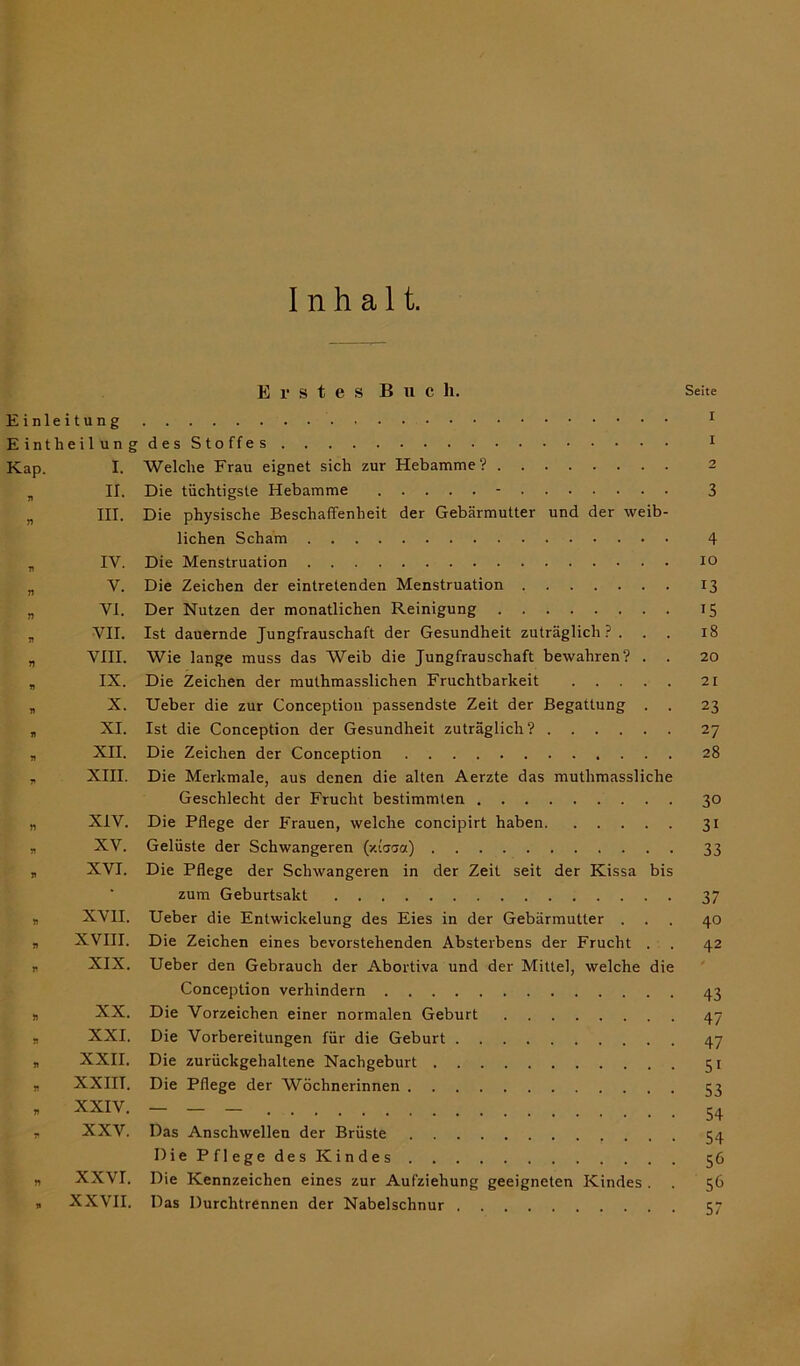 Inhalt. Erstes Buch. Seite Einleitung 1 Eintheilung des Stoffes 1 Kap. I. Welche Frau eignet sich zur Hebamme? 2 „ II. Die tüchtigste Hebamme - 3 III. Die physische Beschaffenheit der Gebärmutter und der weib- lichen Scham 4 „ IV. Die Menstruation 10 „ V. Die Zeichen der eintretenden Menstruation 13 „ VI. Der Nutzen der monatlichen Reinigung 15 „ VII. Ist dauernde Jungfrauschaft der Gesundheit zuträglich? ... 18 „ VIII. Wie lange muss das Weib die Jungfrauschaft bewahren? . . 20 „ IX. Die Zeichen der mulhmasslichen Fruchtbarkeit 21 „ X. Ueber die zur Conception passendste Zeit der Begattung . . 23 „ XI. Ist die Conception der Gesundheit zuträglich? 27 „ XII. Die Zeichen der Conception 28 „ XIII. Die Merkmale, aus denen die alten Aerzte das muthmassliche Geschlecht der Frucht bestimmten 30 „ XIV. Die Pflege der Frauen, welche concipirt haben 31 „ XV. Gelüste der Schwangeren (y.iarsa) 33 „ XVI. Die Pflege der Schwangeren in der Zeit seit der Kissa bis zum Geburtsakt 37 „ XVII. Ueber die Entwickelung des Eies in der Gebärmutter ... 40 * XVIII. Die Zeichen eines bevorstehenden Absterbens der Frucht . . 42 „ XIX. Ueber den Gebrauch der Abortiva und der Mittel, welche die Conception verhindern 43 „ XX. Die Vorzeichen einer normalen Geburt 47 » XXI. Die Vorbereitungen für die Geburt 47 n XXII. Die zurückgehaltene Nachgeburt 51 „ XXIIT. Die Pflege der Wöchnerinnen e? . XXIV. — - - 54 r XXV. Das Anschwellen der Brüste 54 Die Pflege des Kindes 56 » XXVI. Die Kennzeichen eines zur Aufziehung geeigneten Kindes . . 56 „ XXVII. Das Durchtrennen der Nabelschnur 57