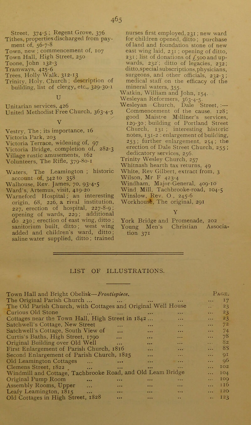 Street, 374-5 i Regent Grove, 376 Tithes, properties discharged from pay- ment of, 56-7-8 Town, new ; commencement of, 107 Town Hall, High Street, 250 Toone, John 132-3 Tramways, 425-6 Trees, Holly Walk. 312-13 Trinity. Holy. Church; description of building, list of clergy, etc., 329-30-1 U Unitarian services, 426 United Methodist Free Church, 363-4-5 V Vestry, The ; its importance, 16 Victoria Park, 203 Victoria Terrace, widening of, 97 Victoria Bridge, completion of, 282-3 Village rustic amusements, 162 Volunteers, The Rifle, 379-80-1 Waters, The Leamington ; historic account of, 342 to 358 Walhouse, Rev. James, 70, 93-4-5 Ward’s, Artemus, visit, 419-20 Warneford Hospital; an interesting origin, 68, 226, a rival institution, 227, erection of hospital, 227-8-9; opening of wards, 229; additional do 230 ; erection of east wing, ditto ; sanitorium built, ditto; west wing added and children’s ward, ditto; saline water supplied, ditto; trained nurses first employed, 231; new ward for children opened, ditto ; purchase of land and foundation stone of new east wing laid, 231 ; opening of ditto, 231; list of donations of ;^5ooand up- wards, 232'; ditto of legacies, 232; ditto,special subscriptions,physicians, surgeons, and other officials, 232-3 ; medical staff on the efficacy of the mineral waters, 355. Watkin, William and John, 154. Wesleyan Reformers, 363-4-5. Wesleyan Church, Dale Street, :—• Commencement of the cause, 128; good Maistre Mdliner’s services, 129-30; building of Portland Street Church, 131 ; interesting historic notes, 131-2 : enlargement of building, 253 ; further enlargement, 254; the erection of Dale Street Church, 255 ; dedicatory services, 256. Trinity Wesley Church, 257 Whitnash hearth tax returns, 49 White, Rev Gilbert, extract from, 3 Wilson, Mr F 423-4 Windham, Major-General, 409-10 Wind Mill, Tachbrooke-road, 104-5 Winslow, Rev. O., 245-6 Workhousfe, The original, 291 Y York Bridge and Promenade, 202 Young Men’s Christian Associa- tion 371 LIST OF ILLUSTRATIONS. Town Hall and Bright Obelisk—Frontispiece. Page. The Original Parish Church ... ... ... ... ... 17 The Old Parish Church, with Cottages and Original Well House .. 23 Curious Old Stone ... ... ... ... ... 23 Cottages near the Town Hall, High Street in 1842 ... , ... ... 23 Satchwell’s Cottage, New Street ... ... ... 7^ Satchwell’s Cottage, South View of ... ... ... ••• 74 Curtis’s Baths, High Street, 1790 ... ... ••• ••• 7& Original Building over Old Well ... ... ... .•■ 82 First Enlargement of Parish Church, 1816 ... ... ••• 8S Second Enlargement of Parish Church, 1825 ... ... ... 91 Old Leamington Cottages ... ... ... ••• ... 9^ Clemens Street, 1822 , ... ... ... ... ... 102 Windmill and Cottage, Tachbrooke Road, and Old Learn Bridge ... 104 Original Pump Room ... ... ... ... ... 109 Assembly Rooms, Upper ... ... ... ... ... 116 Leafy Leamington, 1815 ... ... ... ••• ••• 120 Old Cottages in High Street, 1828 ... ... .. .. 123