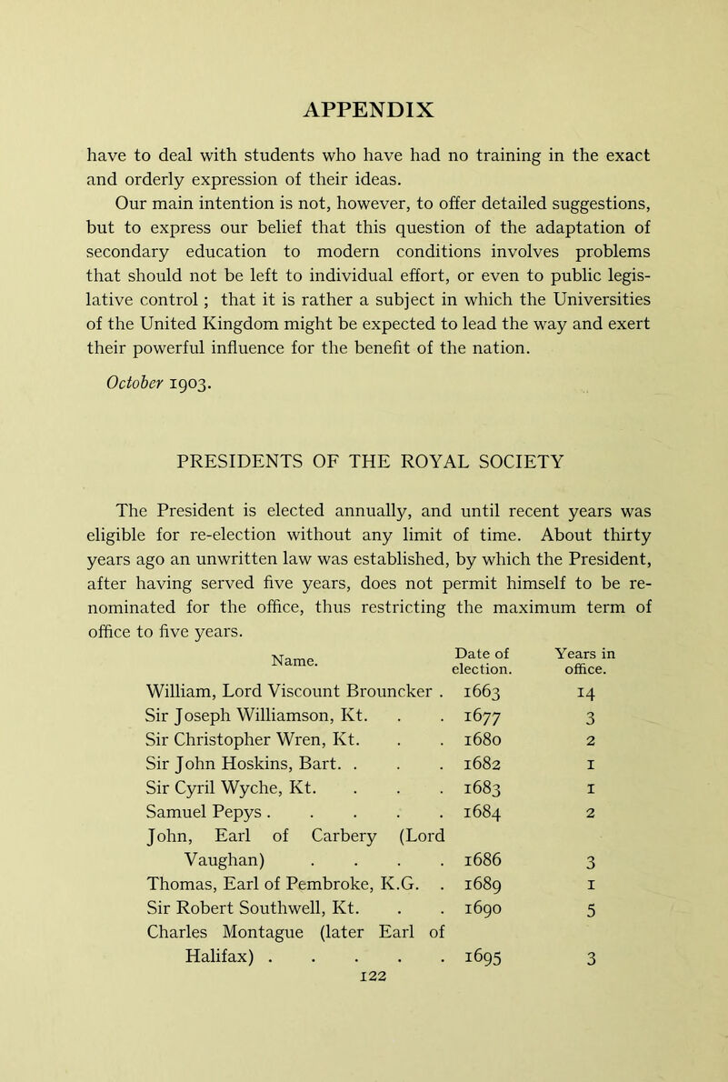 have to deal with students who have had no training in the exact and orderly expression of their ideas. Our main intention is not, however, to offer detailed suggestions, but to express our belief that this question of the adaptation of secondary education to modern conditions involves problems that should not be left to individual effort, or even to public legis- lative control; that it is rather a subject in which the Universities of the United Kingdom might be expected to lead the way and exert their powerful influence for the benefit of the nation. October 1903. PRESIDENTS OE THE ROYAL SOCIETY The President is elected annually, and until recent years was eligible for re-election without any limit of time. About thirty years ago an unwritten law was established, by which the President, after having served five years, does not permit himself to be re- nominated for the office, thus restricting the maximum term of office to five years. Name. Date of election. Years in office. William, Lord Viscount Brouncker . 1663 14 Sir Joseph Williamson, Kt. 1677 3 Sir Christopher Wren, Kt. 1680 2 Sir John Hoskins, Bart. . 1682 I Sir Cyril Wyche, Kt. 1683 I Samuel Pepys ..... 1684 2 John, Earl of Carbery (Lord Vaughan) . . . . 1686 3 Thomas, Earl of Pembroke, K.G. . 1689 I Sir Robert Southwell, Kt. 1690 5 Charles Montague (later Earl of Halifax) 1695 3