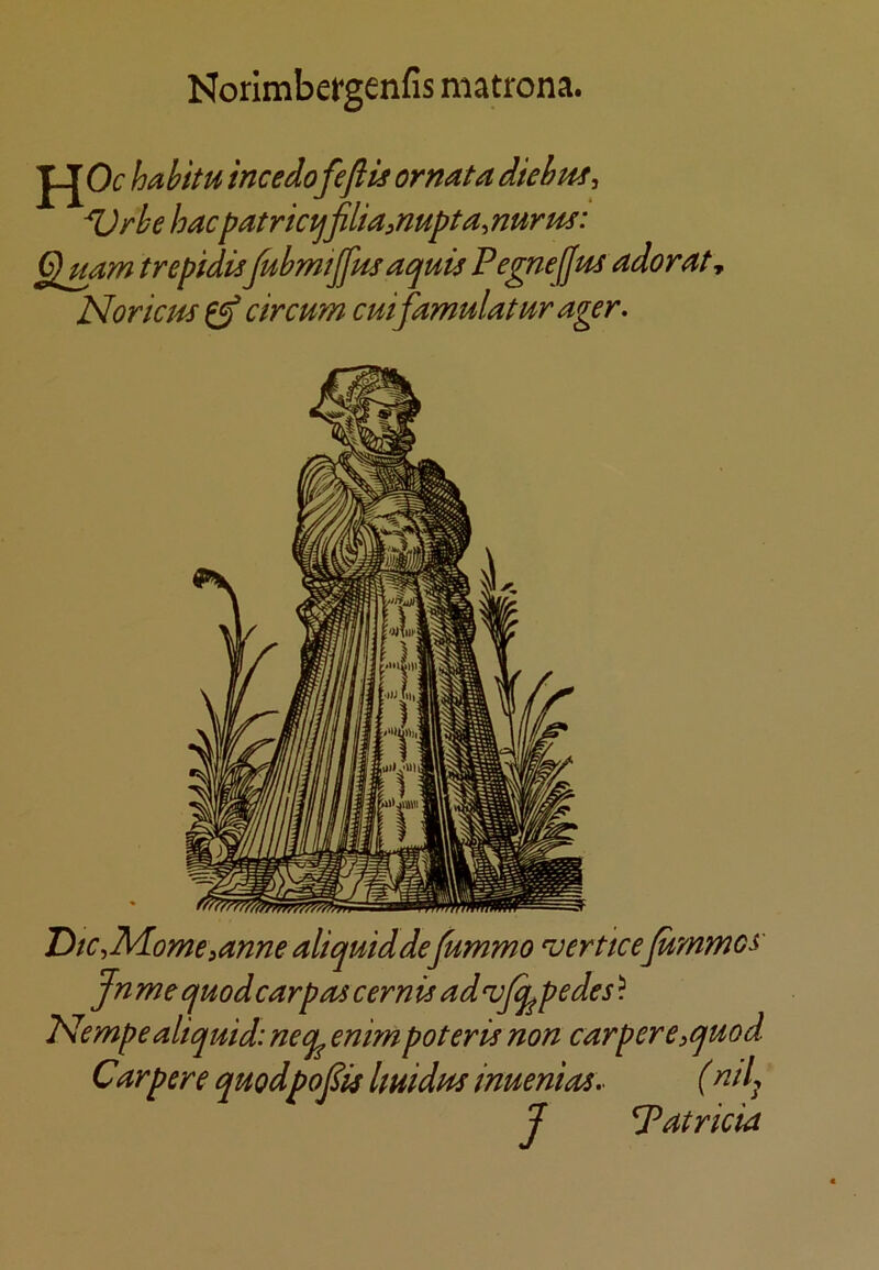 Norlmbergenfis matrons. HO. habitu incedofeft^ ornata diebns, ^rhe hacpatricijfiliainupta, nurm: ^Imm trepfdufuhmiffus aquU Pegneffus adorat, Nor km ^ circmn cuifamulatur ager. Dtc.Momeianne alt quiddefummo ^erttcefimmcs' Jn me quod car pas cern is ad ‘vj^ pedes ? Nempealiquid: neq^ enimpoteris rton carperCiquod Carpere quodpoj^k Imidm inuemas.- ( J Patricia