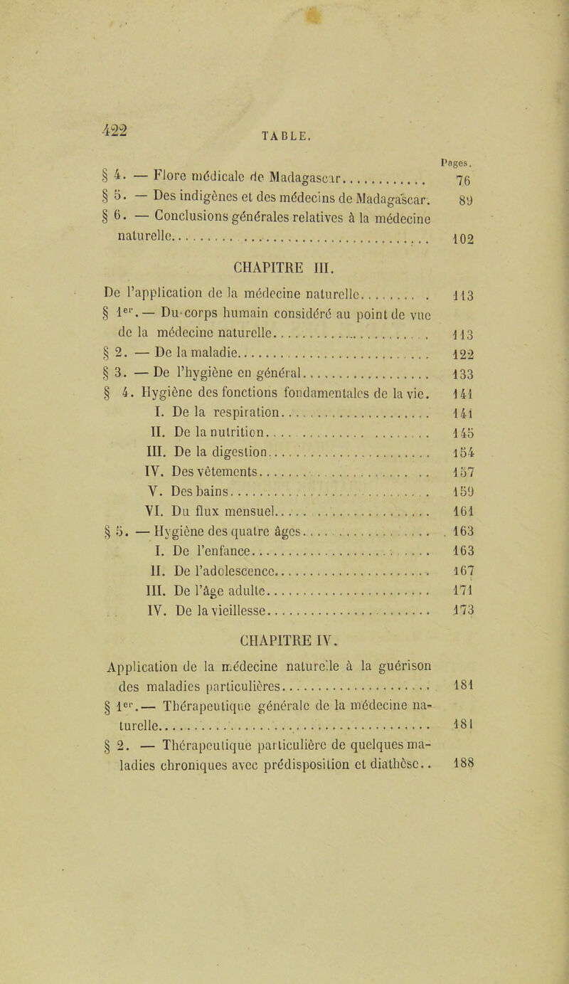 TABLE. Pages. §4. — More médicale de Madagascar 75 §5. — Des indigènes et des médecins de Madagascar. 8'J §6. — Conclusions générales relatives à la médecine naturelle 102 CHAPITRE III. De l’application de la médecine naturelle H3 § Ie1'.— Du corps humain considéré au point de vue delà médecine naturelle h 3 § 2. — De la maladie 122 §3. — De l’hygiène en général 133 § 4. Hygiène des fonctions fondamentales de la vie. 141 I. De la respiration 141 II. De la nutrition 145 III. De la digestion 154 IV. Des vêtements 157 V. Des bains . 150 VI. Du flux mensuel 161 §5. — Hygiène des quatre âges .163 I. De l’enfance .... 163 II. De l’adolescence 167 III. De l’âge adulte 171 IV. De la vieillesse 173 CHAPITRE IV. Application de la médecine naturelle à la guérison des maladies particulières 181 § 1er.— Thérapeutique générale de la médecine na- turelle 181 §2. — Thérapeutique particulière de quelques ma- ladies chroniques avec prédisposition cl diathèse.. 188