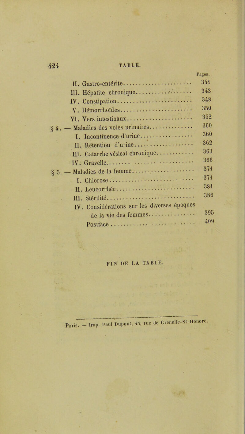 IL Gastro-entérite III. Hépatite chronique IV. Constipation V. Ilémorrhoïdes VI. Vers intestinaux § 4. — Maladies des voies urinaires I. Incontinence d’urine II. Rétention d’urine III. Catarrhe vésical chronique IV. Gravelle § 5. —• Maladies de la femme I. Chlorose II. Leucorrhée III. Stérilité IV. Considérations sur les diverses époques de la vie des femmes Postface fin de la table. Paris. — lmp. Paul Duponi, /*ü, rue Pages. 341 343 348 350 352 360 360 362 363 366 371 371 381 386 395 409 de Crenelle-St-Honoré.
