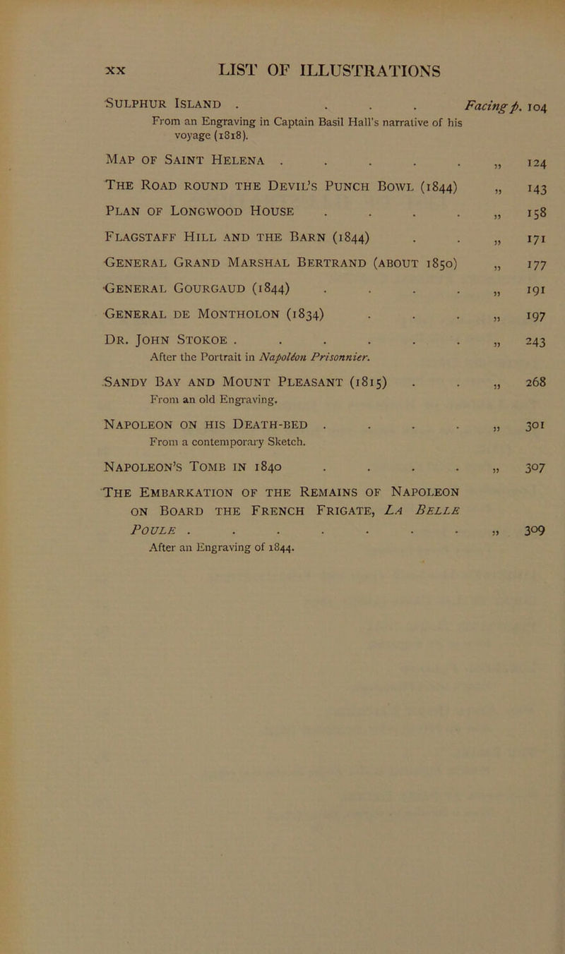 Sulphur Island . ... Facingp. 104 From an Engraving in Captain Basil Hall's narrative of his voyage (1818). Map of Saint Helena . . . . . „ 124 The Road round the Devil’s Punch Bowl (1844) „ 143 Plan of Longwood House . . . . „ 158 Flagstaff Hill and the Barn (1844) . . „ 171 •General Grand Marshal Bertrand (about 1850) „ 177 General Gourgaud (1844) . . . .,,191 General de Montholon (1834) . . . „ 197 Dr. John Stokoe . . . . . . „ 243 After the Portrait in NapoUon Prisonnier. Sandy Bay and Mount Pleasant (1815) . . „ 268 From an old Engraving. Napoleon on his Death-bed . . . . „ 301 From a contemporary Sketch. Napoleon’S Tomb in 1840 . . . . „ 307 The Embarkation of the Remains of Napoleon ON Board the French Frigate, La Belle PouLE 309 After an Engraving of 1844.