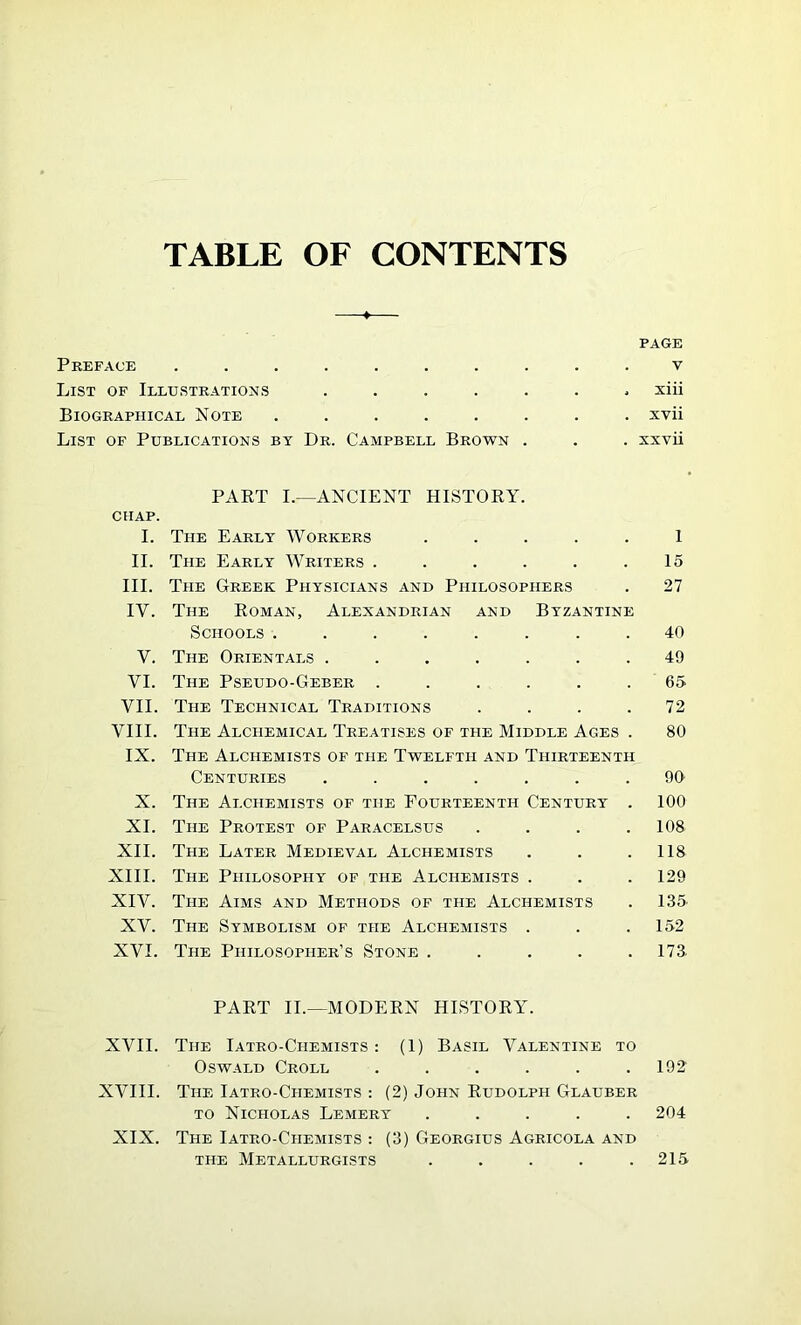 TABLE OF CONTENTS PAGE Preface .......... v List of Illustrations ....... xiii Biographical Note ........ xvii List of Publications by Dr. Campbell Brown . . . sxvii PART I.—ANCIENT HISTORY. CHAP. I. The Early Workers ..... 1 II. The Early Writers . . . . . .15 III. The Greek Physicians and Philosophers . 27 IV. The Roman, Alexandrian and Byzantine Schools ........ 40 V. The Orientals ....... 49 VI. The Pseudo-Geber ...... 65 VII. The Technical Traditions .... 72 VIII. The Alchemical Treatises of the Middle Ages . 80 IX. The Alchemists of the Twelfth and Thirteenth Centuries ....... 90 X. The Alchemists of the Fourteenth Century . 100 XI. The Protest of Paracelsus .... 108 XII. The Later Medieval Alchemists . . .118 XIII. The Philosophy of the Alchemists . . . 129 XIV. The Aims and Methods of the Alchemists . 135’ XV. The Symbolism of the Alchemists . . .152 XVI. The Philosopher’s Stone ..... 173. PART II.—MODERN HISTORY. XVII. The Iatro-Chemists : (1) Basil Valentine to Oswald Croll . . . . . .192 XVIII. The Iatro-Chemists : (2) John Rudolph Glauber to Nicholas Lemery ..... 204 XIX. The Iatro-Chemists : (3) Georgius Agricola and THE Metallurgists . . . . .215