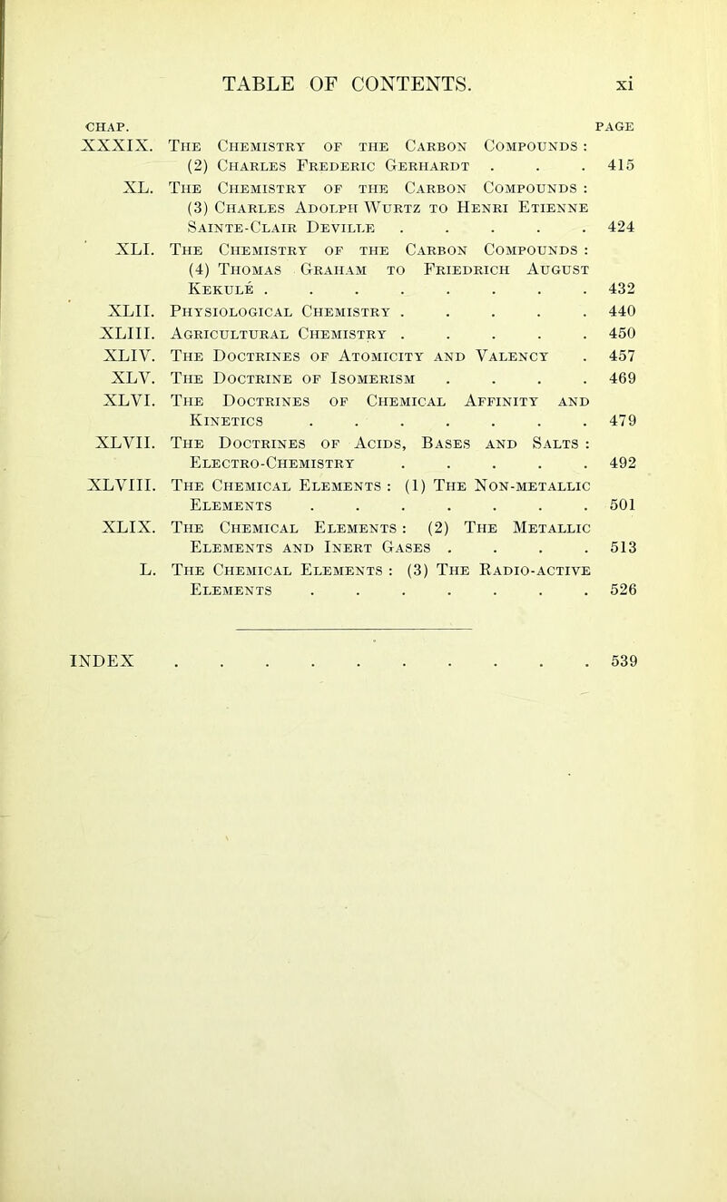 CHAP. PAGE XXXIX. The Chemistry of the Carbon Compounds ; (2) Charles Frederic Gerhardt . . . 415 XL. The Chemistry of the Carbon Compounds : (3) Charles Adolph Wurtz to Henri Etienne Sainte-Clair Deville ..... 424 XLI. The Chemistry of the Carbon Compounds : (4) Thomas Graham to Friedrich August Kekule ........ 432 XLII. Physiological Chemistry ..... 440 XLIII. Agricultural Chemistry ..... 450 XLIV. The Doctrines of Atomicity and Valency . 457 XLV. The Doctrine of Isomerism .... 469 XLVI. The Doctrines of Chemical Affinity and Kinetics . . . . . . .479 XLVII. The Doctrines of Acids, Bases and Salts : Electro-Chemistry ..... 492 XLVIII. The Chemical Elements : (1) The Non-metallic Elements ....... 501 XLIX. The Chemical Elements : (2) The Metallic Elements and Inert Gases .... 513 L. The Chemical Elements : (3) The Eadio-active Elements ....... 526 INDEX 539