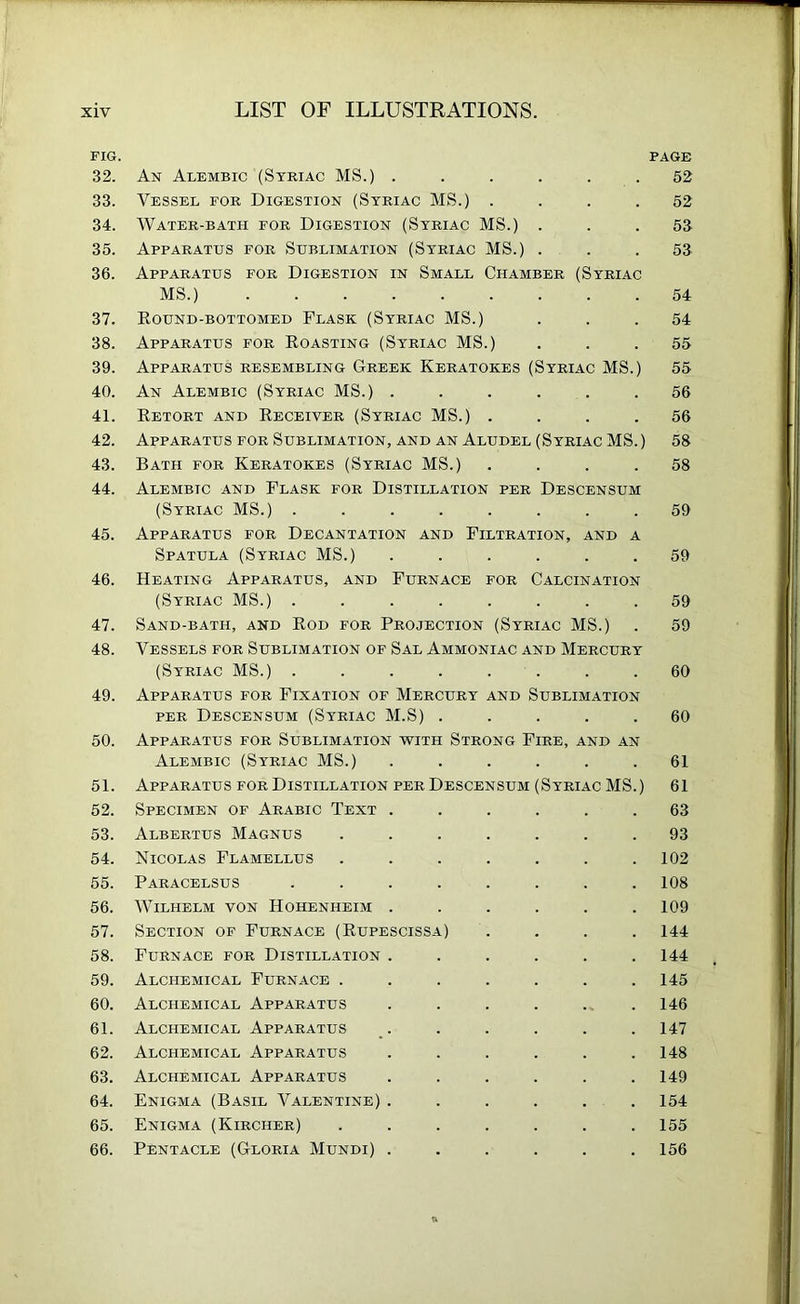 FIG. 32. An Alembic (Syriac MS.) ...... 33. Vessel for Digestion (Syriac MS.) .... 34. Water-bath for Digestion (Syriac MS.) . 35. Apparatus for Sublimation (Syriac MS.) . 36. Apparatus for Digestion in Small Chamber (Syriac MS.) 37. Eound-BOTTOMED Flask (Syriac ms.) 38. Apparatus for Eoasting (Syriac MS.) 39. Apparatus resembling Greek Keratokes (Syriac MS.) 40. An Alembic (Syriac MS.) ...... 41. Eetort and Eeceiver (Syriac MS.) .... 42. Apparatus for Sublimation, and an Aludel (Syriac MS.) 43. Bath for Keratokes (Syriac MS.) .... 44. Alembic and Flask for Distillation per Descensum (Syriac MS.) 45. Apparatus for Decantation and Filtration, and a Spatula (Syriac MS.) ...... 46. Heating Apparatus, and Furnace for Calcination (Syriac MS.) ........ 47. Sand-bath, and Eod for Projection (Syriac MS.) 48. Vessels for Sublimation of Sal Ammoniac and Mercury (Syriac MS.) . . . . . . 49. Apparatus for Fixation of Mercury and Sublimation PER Descensum (Syriac M.S) ..... 50. Apparatus for Sublimation with Strong Fire, and an Alembic (Syriac MS.) ...... 51. Apparatus for Distillation per Descensum (Syriac MS.) 52. Specimen of Arabic Text ...... 53. Albertus Magnus ....... 54. Nicolas Flamellus ....... 55. Paracelsus ........ 56. Wilhelm von Hohenheim ...... 57. Section of Furnace (Rupescissa) 58. Furnace for Distillation ...... 59. Alchemical Furnace ....... 60. Alchemical Apparatus ...... 61. Alchemical Apparatus 62. Alchemical Apparatus ...... 63. Alchemical Apparatus ...... 64. Enigma (Basil Valentine) . . . . . . 65. Enigma (Kircher) ....... 66. Pentacle (Gloria Mundi) ...... PAGE 52 52 53 53 54 54 55 55 56 56 58 58 59 59 59 59 60 60 61 61 63 93 102 108 109 144 144 145 146 147 148 149 154 155 156