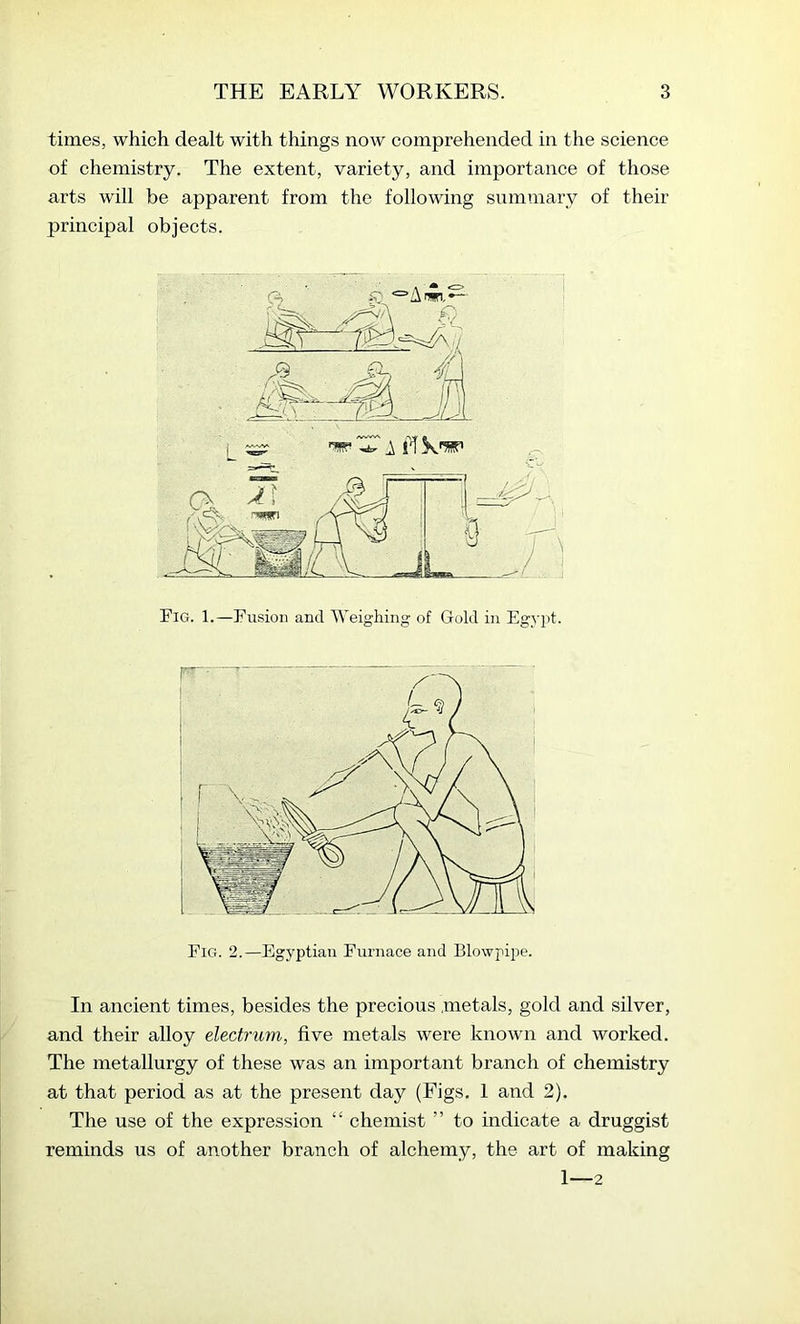 times, which dealt with things now comprehended in the science of chemistry. The extent, variety, and importance of those arts will be apparent from the following summary of their principal objects. Eig. 1.—Fusion and Weighing of Gold in Egypt. In ancient times, besides the precious .metals, gold and silver, and their alloy electrum, five metals were known and worked. The metallurgy of these was an important branch of chemistry at that period as at the present day (Figs. 1 and 2). The use of the expression “ chemist ” to indicate a druggist reminds us of another branch of alchemy, the art of making 1—2