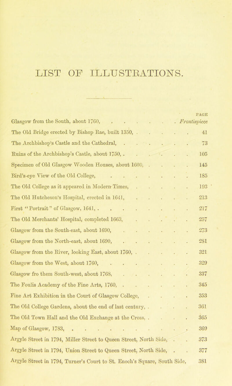 LIST OF ILLUSTRATIONS. PAGE Glasgow from the South, about 1760, Frontispiece The Old Bridge erected by Bishop Bae, built 1350, ..... 41 The Archbishop’s Castle and the Cathedral, 73 Ruins of the Archbishop’s Castle, about 1750, . . . . . . 105 Specimen of Old Glasgow Wooden Houses, about 1600, .... 145 Bird’s-eye View of the Old College, 185 The Old College as it appeared in Modern Times, 193 The Old Hutcheson’s Hospital, erected in 1641, 213 First “Portrait” of Glasgow, 1641, 217 The Old Merchants’ Hospital, completed 1663, 257 Glasgow from the South-east, about 1690, 273 Glasgow from the North-east, about 1690, 2S1 Glasgow from the River, looking East, about 1760, 321 Glasgow from the West, about 1760, . . . . . . . 329 Glasgow fro them South-west, about 1768 337 The Foulis Academy of the Fine Arts, 1760, 345 Fine Art Exhibition in the Court of Glasgow College, .... 353 The Old College Gardens, about the end of last century, .... 361 The Old Town Hall and the Old Exchange at the Cross, .... 365 Map of Glasgow, 1783, 369 Argylc Street in 1794, Miller Street to Queen Street, North Side, . . 373 Argyle Street in 1794, Union Street to Queen Street, North Side, . . 377 Argyle Street in 1794, Turner’s Court to St. Enoch’s Square, South Side, 381