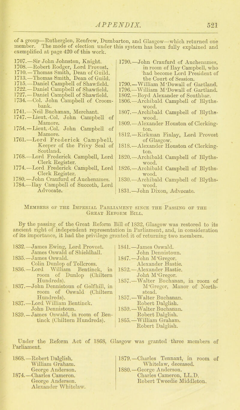 of a group-—Rutherglen, Renfrew, Dumbarton, and Glasgow—which returned one member. The mode of election under this system has been fully explained and exemplified at page 420 of this woi-k. 1707.—Sir John Johnston, Knight. 170S.—Robert Rodger, Lord Provost. 1710.—Thomas Smith, Dean of Guild. 1713.—Thomas Smith, Dean of Guild. 1715.—Daniel Campbell of Shawfield. 1722.—Daniel Campbell of Shawfield. 1727.—Daniel Campbell of Shawfield. 1734.—Col. John Campbell of Croom- bank. 1741.—Neil Buchanan, Merchant. 1747.—Lieut.-Col. John Campbell of Mamore. 1754.—Lieut.-Col. John Campbell of Mamore. 1761.—Lord Frederick Campbell, Keeper of the Privy Seal of Scotland. 176S.—Lord Frederick Campbell, Lord Clerk Register. 1774.—Lord Frederick Campbell, Lord Clerk Register. 1780.—John Craufurd of Auchenames. 1784.—Hay Campbell of Succoth, Lord Advocate. 1790.—John Craufurd of Auchenames, in room of Ilay Campbell, who had become Lord President of the Court of Session. 1790.—William M ‘Dowall of Gartland. 1796.—William M'Dowall of Gartland. 1802.-—Boyd Alexander of Southbar. 1806. —Archibald Campbell of Blyths- wood. 1807. —Archibald Campbell of Blyths- wood. 1809.—Alexander Houston of Clerking- ton. 1812.—Kirkman Finlay, Lord Provost of Glasgow. 1818.—Alexander Houston of Clerking- ton. 1820.—Archibald Campbell of Blyths- wood. 1826.—Archibald Campbell of Blyths- wood. 1830. —Archibald Campbell of Blyths- wood. 1831. —John Dixon, Advocate. Members of the Imperial Parliament since the Passing of the Great Reform Bill. By the passing of the Great Reform Bill of 1832, Glasgow was restored to its ancient right of independent representation in Parliament, and, in consideration of its importance, it had the privilege granted it of returning two members. 1832.—James Ewing, Lord Provost. James Oswald of Shieldhall. 1835. —James Oswald. Colin Dunlop of Tollcross. 1836. —Lord William Bentinck, in room of Dunlop (Chiltern Hundreds). 1837. —John Dennistoun of Golfhill, in room of Oswald (Chiltern Hundreds). 1837.—Lord WTilliam Bentinck. John Dennistoun. 1839. —James Oswald, in room of Ben- tinck (Chiltern Hundreds). 1841.—James Oswald. John Denuistoun. 1847.—John M‘Gregor. Alexander Has tie. 1852.—Alexander Hastie. Jolnl M‘Gregor. 1857.—-Walter Buchanan, in room of M‘Gregor, Manor of Horth- stead. 1857.—Walter Buchanan. Robert Dalglish. 1859.—Walter Buchanan. Robert Dalglish. 1865.—William Graham. Robert Dalglish. Under the Reform Act of 1868, Glasgow was granted three members of Parliament. 1868.—Robert Dalglish. William Graham. George Anderson. 1874.—Charles Cameron. George Anderson. Alexander Whitelaw. 1879. —Charles Tennant, in room of Whitelaw, deceased. 1880. —George Anderson. Charles Cameron, LL.D. Robert Tweedie Middleton.