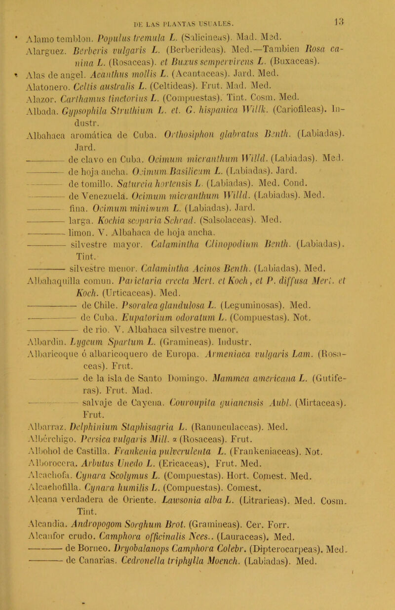 • Alamo temblón. Populas tremida L. (Salicíneas). Mad. Mad. Alarguez. Berberís vulgaris L. (Berberideas). Med.—También Rosa ca- nina L. (Rosaceas). et Buxussempervircns L (Bnxaceas). » Alas de ángel. Acantilas mollis L. (Acantáceas). Jard. Med. Alatonero. Celtis australis L. (Celtideas). Frut. Mad. Med. Alazor. Carthamus tinctorius L. (Compuestas). lint. Cosm. Med. Albada. Gypsophila Strulhium L. et. G. hispánica Willk. (Cariofileas). In- dustr. Albahaca aromática de Cuba. Orthosiphon glabratus Benth. (Labiadas). Jard. de clavo en Cuba. Ocimum micranthum Willd. (Labiadas). Med. de hoja ancha. Ocimum Basilicum L. (Labiadas). Jard. de tomillo. Satúrela hortensis L. (Labiadas). Med. Cond. de Venezuela. Ocimum micranthum Willd. (Labiadas). Med. fina. Ocimum mínimum L. (Labiadas). Jard. larga. Koclúa scopnria Schrad. (Salsolaceas). Med. limón. V. Albahaca de hoja ancha. —— silvestre mayor. Calamintha Ciinopodium Benth. (Labiadas). Tint. silvestre menor. Calamintha Acinos Benth. (Labiadas). Med. Albahaquilla común. Pandaría erecta Mert. el Koch, et P. diffusa Merl. et Koch. (Urticáceas). Med. de Chile. Psoralea glandulosa L. (Leguminosas). Med. de Cuba. Eupatorium odoralum L. (Compuestas). Not. de rio. V. Albahaca silvestre menor. Albardin. Lygcam Spartum L. (Gramíneas). Industr. Albaricoque ó albaricoquero de Europa. ArmeniaCa vulgaris Lam. (Rosa- ceas). Frut. de la isla de Santo Domingo. Mammea americana L. (Gutife- ras). Frut. Mad. salvaje de Cayena. Couroupita guianensis Aubl. (Mirtáceas). Frut. Albarraz. Delphinium Staphisagria L. (Ranunculáceas). Med. Albérchigo. Pérsica vulgaris Mili, a (Rosaceas). Frut. Albohol de Castilla. Frankenia pulverulenta L. (Frankeniaceas). Not. Alborecerá. Arbutus Unedo L. (Ericáceas). Frut. Med. Alcachofa. Cynara Scolymus L. (Compuestas). Hort. Cojnest. Med. Alcaehofilla. Cynara humilis L. (Compuestas). Comest. Alcana verdadera de Oriente. Lawsonia alba L. (Litrarieas). Med. Cosm. Tint. Alcandía. Andropogom Sorghum Brot. (Gramíneas). Cer. Forr. Alcanfor crudo. Camphora officinalis IAees.. (Lauráceas). Med. de Borneo. lJryobalanops Camphora Colebr. (Dipterocarpeas). Med. de Canarias. Cedronella triphylla Moench. (Labiadas). Med. I
