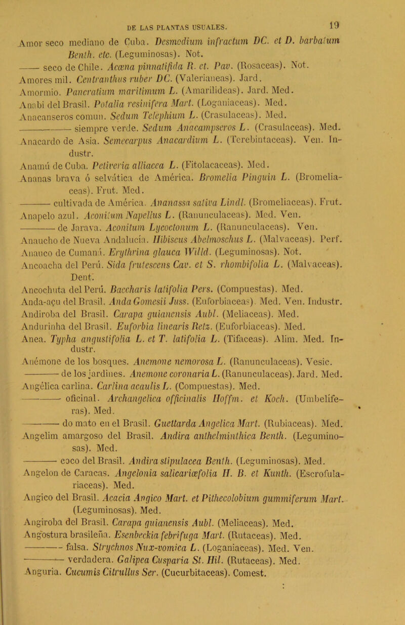 Amor seco mediano de Cuba. Desmcdium infractum DC. et D. barbalum Benlh. etc. (Leguminosas). Not. seco de Chile. Acama, pinnatifida R. et. Pav. (Rosaceas). Not. Amores mil. Centranthus ruber DC. (Valerianeas). Jard. Amormio. Pancratium maritimum L. (Amarilideas). Jard. Med. Anabi del Brasil. Potalia resinífera Mart. (Loganiaceas). Med. Anacanseros común. Sedum Teléphium L. (Crasulaceas). Med. siempre verde. Seclum Anacampseros L. (Crasulaceas). Med. Anacardo de Asia. Semecarpus Anacardium L. (Terebintáceas). Ven. In- dustr. AnamúdeCuba. Peliveria alliacea L. (Fitolacaceas). Med. Ananas brava ó selvática de América. Bromelia Pinguin L. (Bromelia- ceas). Frut. Med. cultivada de América. Ananassa sativa Lindl. (Bromeliaceas). Frut. Anapelo azul. Aconiíum Napellus L. (Ranunculáceas). Med. Ven. de Jarava. Aconiíum Lycoctonum L. (Ranunculáceas). Ven. Anaucho de Nueva Andalucía. Ilibiscus Abclmoschus L. (Malvaceas). Perf. Anauco de Cumaná. Erylhñna glauca Willd. (Leguminosas). Not. Ancoacha del Perú. Sida frutesccns Cav. et S. rhombifolia L. (Malvaceas). Denti Ancochuta del Perú. Baccharis latífolia Pers. (Compuestas). Med. Anda-acu del Brasil. AndaGomesii Juss. (Euforbiáceas). Med. Ven. Industr. Andiroba del Brasil. Carapa guiancnsis Aubl. (Meliaceas). Med. Andurinha del Brasil. Euforbio linearis Betz. (Euforbiáceas). Med. Anea. Typha angustí folia L. et T. latifolia L. (Tifáceas). Alim. Med. Tn- dustr. Anémone de los bosques. Anemone nemorosa L. (Ranunculáceas). Vesic. de los jardines. Anemone coronaria L. (Ranunculáceas). Jard. Med. Angélica carlina. Carlina acaulis L. (Compuestas). Med. oficinal. Archangelica officinatis Hoffm. et Koch. (Umbelífe- ras). Med. do mato en el Brasil. Guettarda Angélica Mart. (Rubiáceas). Med. Angelina amargoso del Brasil. Andira anthelminthica Benth. (Legumino- sas). Med. coco del Brasil. Andira slipulacea Benth. (Leguminosas). Med. Angelón de Caracas. Angelonia salicaria folia II. B. et Kunth. (Escrofula- riaceas). Med. Angico del Brasil. Acacia Angico Mart. et Pithecolobium gummiferum Mart. (Leguminosas). Med. Angiroba del Brasil. Carapa guianensis Aubl. (Meliaceas). Med. Angostura brasileña. Escabecha febrífuga Mart. (Retaceas). Med. falsa. Strychnos Nux-vomica L. (Loganiaceas). Med. Ven. • verdadera. Galipea Cusparía St. Hil. (Rutaceas). Med. Anguria. Cucumis Citrullus Ser. (Cucurbitáceas). Comest.