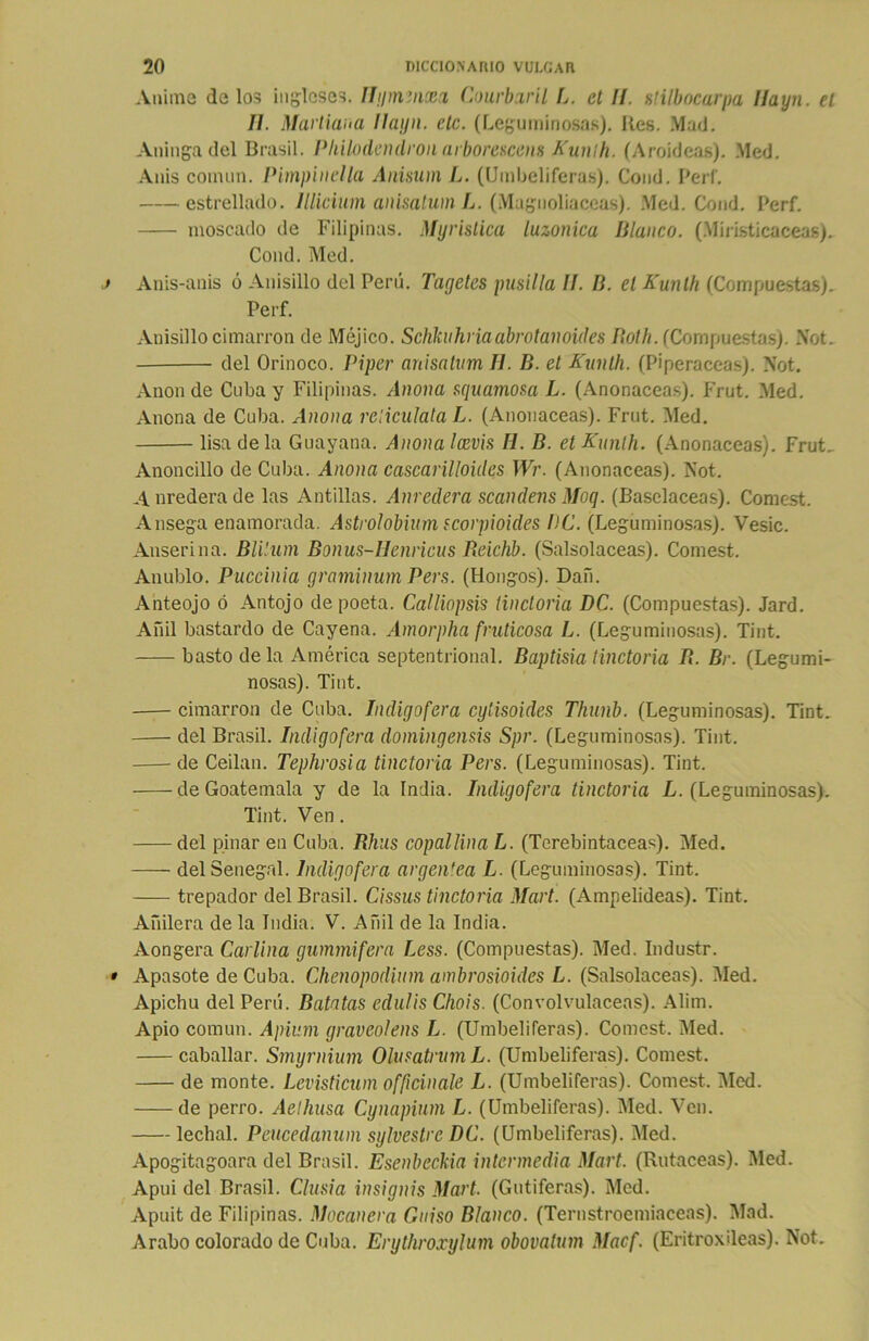 Anime délos ingleses. Ilyminxa Courbaril L. et II. sülbocarpa Ilayn. el II. Martiana Ilayn. etc. (Leguminosas). Kes. Mad. Aninga del Brasil. Pliilodendron arborescens Kunlh. (Aroídeas). Med. Anis común. Pimpinella Anisum L. (Umbelíferas). Cond. Perl. estrellado, lllicium anisatum L. (Magnoliáceas). Med. Cond. Perf. moscado de Filipinas. Myrislica luzonica Blanco. (Mirísticaceas). Cond. Med. Anis-anis ó Anisillo del Perú. Tagetes pusilla II. fí. el Kunlh (Compuestas). Perf. Anisillo cimarrón de Méj'ico. Schkuhriaabrotanoides Both. (Compuestas). Not. del Orinoco. Piper anisatum II. B. et Kunlh. (Piperáceas). Not. Anón de Cuba y Filipinas. Anona squamosa L. (Anonaceas). Fruí. Med. Anona de Cuba. Anona reliculata L. (Anonaceas). Frut. Med. lisa de la Guayana. Anona Ixvis II. B. et Kunlh. (Anonaceas). Frut, Anoncillo de Cuba. Anona cascarilloides Wr. (Anonaceas). Not. A nredera de las Antillas. Anredera scandens Moq. (Baselaceas). Comest. Ansega enamorada. Astrolobium scorpioides PC. (Leguminosas). Vesic. Anserina. BlUum Bonus-Henricus fíeichb. (Salsolaceas). Comest. Anublo. Puccinia graminum Pers. (Hongos). Dañ. Anteojo ó Antojo de poeta. Calliopsvs tincloria DC. (Compuestas). Jard. Añil bastardo de Cayena. Amorpha fniticosa L. (Leguminosas). Tint. basto de la América septentrional. Baptisia tinctoria fí. Br. (Legumi- nosas). Tint. cimarrón de Cuba. Indigofera cytisoides Thunb. (Leguminosas). Tint. del Brasil. Indigofera domingensis Spr. (Leguminosas). Tint. de Ceilan. Tephrosia tinctoria Pers. (Leguminosas). Tint. deGoatemala y de la India. Indigofera tinctoria L. (Leguminosas). Tint. Ven. del pinar en Cuba. Rhus copallina L. (Terebintáceas). Med. delSenegal. Indigofera argéntea L. (Leguminosas). Tint. trepador del Brasil. Cissus tinctoria Mart. (Ampelideas). Tint. Andera de la India. V. Añil de la India. Aongera Carlina gummifera Lcss. (Compuestas). Med. Industr. Apasote de Cuba. Chenopodium ambrosioides L. (Salsolaceas). Med. Apichu del Perú. Batatas edulis Chais. (Convolvuláceas). Alim. Apio común. Apinm graveolens L. (Umbelíferas). Comest. Med. caballar. Smyrnium Olusatnm L. (Umbelíferas). Comest. de monte. Levisticum officinale L. (Umbelíferas). Comest. Med. de perro. Aelhusa Cynapium L. (Umbelíferas). Med. Ven. lechal. Peucedanum sylvestrc DC. (Umbelíferas). Med. Apogitagoara del Brasil. Esenbeckia intermedia Mart. (Rutaceas). Med. Apui del Brasil. Clusia insigáis Mart. (Gutiferas). Med. Apuit de Filipinas. Macanera Guiso Blanco. (Ternstroemiaceas). Mad. Arabo colorado de Cuba. Erythroxylum obovatum Mac.f. (Eritroxileas). Not.
