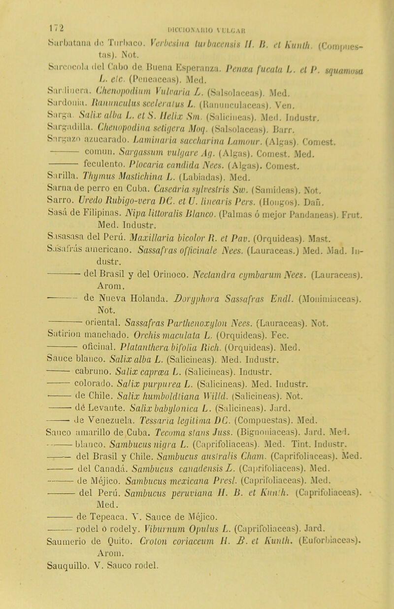 IUCCIONAHI0 \ LUJAU Surbatana de Turbaco. Verbesina twbacemis II. R. el Kunlli. (Compues- tas). Not. Sarcocola <lel Cabo de Buena Esperanza. Penosa fucula L. el P. szyuawm&a L. ele. (Peneaceas). Med. Sardinera. Chenopodium Volearía L. (SaIsolaceas). Med. Sardonia, Rununculus sceleraius A. (Ranunculáceas). Ven. Sarga. Salix alba L. etS. Ilelix Sin. (Salicíneas). Med. Iudustr. Sargadilla. Clienopodina setigera Moq. (Salsolaceas). Barr. Sargazo azucarado. Laminaria saccharina Lamour. (Algas). Comest. común. Sargassum migare Ag. (Algas). Comest. Med. feculento. Plocaria candida Nees. (Algas). Comest. Sarilla. T/ujmus Mastichina L. (Labiadas). Med. Sarna de perro en Cuba. Cascaría sylvestris Sw. (Samideas). Not. Sarro. Uredo Rubigo-vera PC. et U. linearis Pers. (Hongos). Dan. Sasá de Filipinas. Ñipa liltoralis Blanco. (Palmas ó mejor Pandaneas). Frut. Med. Industr. Sasasasa del Perú. Maxillaria bicolor R. et Pav. (Orquídeas). Mast. Sn'saírás americano. Sassafras of/icinale l\ees. (Lauráceas.) Med. Mad. In- dustr. del Brasil y del Orinoco. Neclandra cymbarum Nees. (Lauráceas). A rom. de Nueva Holanda. Doryphora Sassafras Endl. (Monimiaceas). Not. oriental. Sassafras Parthenoxylon Nees. (Lauráceas). Not. Satirión manchado. Orcliis maculata L. (Orquídeas). Fec. oficinal. Platanthera bifolia Rich. (Orquídeas). Med. Sauce blanco. Salix alba L. (Salicíneas). Med. Industr. cabruno. Salix caprcea L. (Salicíneas). Industr. colorado. Salix purpurea L. (Salicíneas). Med. Industr. • de Chile. Salix humboldtiana Willd. (Salicíneas). Not. dé Levante. Salix baby lo nica L. (Salicíneas). Jard. de Venezuela. Tessaria legitima DC. (Compuestas). Med. Saúco amarillo de Cuba. Tecoma stans Juss. (Bignoniaceas). Jard. Med. blanco. Sambucus nigra L. (Caprifoliáceas). Med. Tint. Industr. del Brasil y Chile. Sambucus australis Chain. (Caprifoliáceas). Med. del Canadá. Sambucus canadensis L. (Caprifoliáceas). Med. de Méjico. Sambucus mexicana Presl. (Caprifoliáceas). i\Ied. del Perú. Sambucus peruviana II. R. et Kun!h. (Caprifoliáceas). Med. de Tepeaca. V. Sauce de Méjico. rodel o rodely. Viburnum Opulus L. (Caprifoliáceas). Jard. Saumerio de Quito. Crotón coriaceum II. B. et Kunth. (Euforbiáceas). Arom. Sauquillo. V. Saúco rodel.