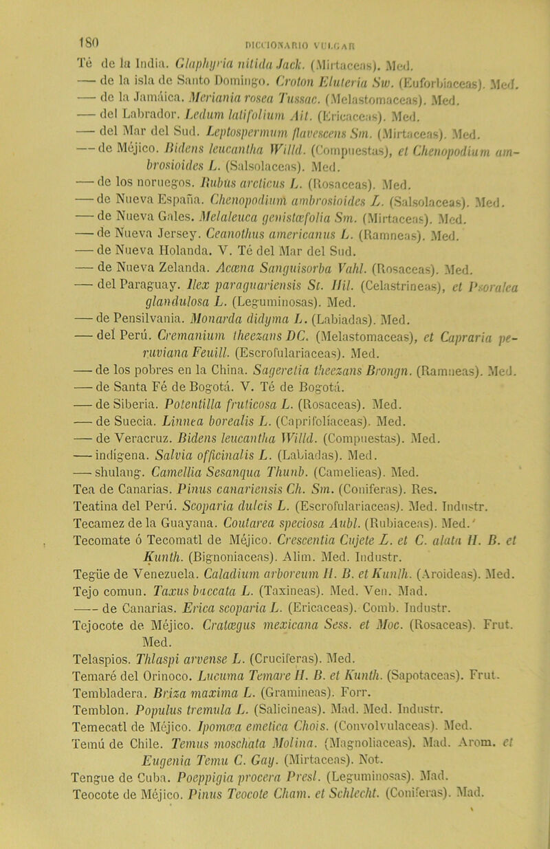 Té de la India. Glaphyria nítida Jack. (Mirtáceas). Med. — de la isla de Santo Domingo. Crotón Eluleria Sw. (Euforbiáceas). Med. — de la Jamaica. Meriania rosea Turne. (Melastomaceas). Med. — del Labrador. Ledum latifolium Ait. (Ericáceas). Med. — del Mar del Sud. Leptospermum flavescens Sm. (Mirtáceas). Med. — de Méjico, fíidens leucantha Willd. (Compuestas), el Chenopodium am- brosioides L. (Salsolaceas). Med. — de los noruegos, Iiubüs arcticus L. (llosaceas). Med. — de Nueva España. Chenopodium ambroúoides L. (Salsolaceas). Med. — de Nueva Gales. Melaleuca genistcefolia Sm. (Mirtáceas). Med. — de Nueva Jersey. Ceanothus americanas L. (Ramneas). Med. — de Nueva Holanda. V. Té del Mar del Sud. — de Nueva Zelanda. Acama Sanguisorba Vahl. (Rosaceas). Med. — del Paraguay, llex paraguariensis Se. Iíil. (Celastríneas), et P soralea glandulosa L. (Leguminosas). Med. — de Pensilvania. Monarda didyma L. (Labiadas). Med. — deí Perú. Cremanium theczans DC. (Melastomaceas), et Capraria pe- ruviana Feuill. (Escrofulariaceas). Med. — de los pobres en la China. Sageretia theezans Brongn. (Ramneas). Med. — de Santa Fé de Bogotá. V. Té de Bogotá. — deSiberia. Potentilla fruticosa L. (Rosaceas). Med. — de Suecia. Limita borealis L. (Caprifoliáceas). Med. — de Veracruz. Bidens leucantha Willd. (Compuestas). Med. — indígena. Salvia officinalis L. (Labiadas). Med. — shulang. Camellia Sesanqua Tliunb. (Camelieas). Med. Tea de Canarias. Pinus canaricnsis Ch. Sm. (Coniferas). Res. Teatina del Perú. Scoparia dulcís L. (Escrofulariaceas). Med. Indnstr. Tecamezdela Guayana. Coutarea speciosa Aubl. (Rubiáceas). Med.' Tecomate ó Tecomatl de Méjico. Crescentia Cajete L. et C. alata II. B. et Kunth. (Bignoniaceas). Alim. Med. Industr. Tegüe de Venezuela. Caladium arboreum H. B. etKunlli. (Aroideas). Med. Tejo común. Taxus baccata L. (Taxineas). Med. Ven. Mad. de Canarias. Erica scoparia L. (Ericáceas). Comb. Industr. Tejocote de Méjico. Cratcegus mexicana Sess. et Moc. (Rosaceas). Fruí. Med. Telaspios. Thlaspi arvense L. (Cruciferas). Med. Temaré del Orinoco. Lucuma Temare II. B. et Kunth. (Sapotaceas). Frut. Tembladera. Briza maxima L. (Gramíneas). Forr. Temblón. Populus trémula L. (Salicíneas). Mad. Med. Industr. Temecatl de Méjico. Jpomcr.a emética Chois. (Convolvuláceas). Med. Temú de Chile. Temas moschata Molina. (Magnoliáceas). Mad. Arom. el Eugenia Tema C. Gay. (Mirtáceas). Not. Tengue de Cuba. Poeppigia procera Presl. (Leguminosas). Mad. Teocote de Méjico. Pinas Teocote Cham. et Schlecht. (Coniferas). Mad.