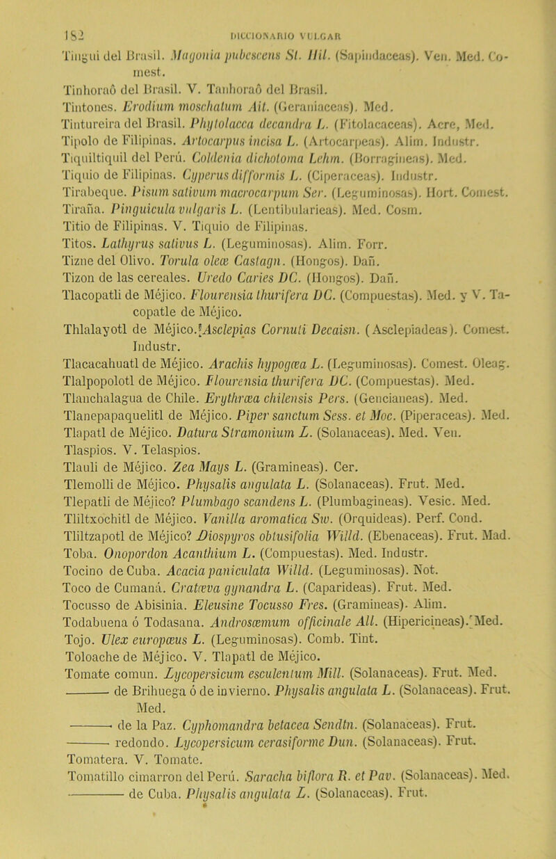 Tiugui del Brasil. Mmjonia pubescen* SI. Hil. (Sapindaceas). Ven. Med. Co* mest. Tinhornó del Brasil. V. Tanhoraó del Brasil. Tintónos. Erodíum moschalum Ait. (Geraniaceas), Med. Tintureira del Brasil. Phytolacca decandra L. (Fitolacaceas). Acre, Med. Tipolo de Filipinas. Artocarpus incisa L. (Artocarpeas). Alim. Industr. Tiquiltiquil del Perú. CoUlenia dichotoma Lehm. (Borragineas). .Med. Tiquio de Filipinas. Cyperus difformis L. (Ciperáceas). Industr. Tirabeque. Pisum sativum macrocarpum Ser. (Leg uminosas). Hort. Comest. Tirana. Pin guíenla vulgaris L. (Lentibularieas). Med. Cosm. Titio de Filipinas. V. Tiquio de Filipinas. Titos. Lathyrus salivus L. (Leguminosas). Alim. Forr. Tizne del Olivo. Torula oleen Castagn. (Hongos). Dalí. Tizón de las cereales. Uredo Caries DC. (Hongos). Dafi. Tlacopatli de Méjico. Flouremia thurifera DC. (Compuestas). Med. y V. Ta- copatle de Méjico. Thlalayotl de Méjico.\Asclepias Cornuli Decaisn. (Asclepiadeas). Comest. Industr. Tlacacahuatl de Méjico. Arachis hypogcea L. (Leguminosas). Comest. Oleag. Tlalpopolotl de Méjico. Flourensia thurifera DC. (Compuestas). Med. Tlanchalagua de Chile. Erythrcea chilensis Pers. (Gencianeas). Med. Tlanepapaquelitl de Méjico. Piper sanctum Sess. el Moc. (Piperáceas). Med. Tlapatl de Méjico. Datura Stramonium L. (Solanáceas). Med. Ven. Tlaspios. V. Telaspios. Tlauli de Méjico. Zea Mays L. (Gramíneas). Cer. Tlemolli de Méjico. Physalis angulata L. (Solanáceas). Frut. Med. Tlepatli de Méjico? Plumbago scandens L. (Plumbagineas). Vesic. Med. Tliltxochitl de Méjico. Vanilla aromática Sw. (Orquídeas). Perf. Cond. Tliltzapotl de Méjico? Diospyros obtusifolia Willd. (Ebenáceas). Frut. Mad. Toba. Onopordon Acanthium L. (Compuestas). Med. Industr. Tocino de Cuba. Acacia paniculata Willd. (Leguminosas). Not. Toco de Cumaná. Cratceva gynandra L. (Caparideas). Frut. Med. Tocusso de Abisinia. Eleusine Tocusso Fres. (Gramíneas). Alim. Todabuena ó Todasana. Androscemum officinale All. (Hipericineas).'Med. Tojo. Ulex europceus L. (Leguminosas). Comb. Tint. Toloache de Méjico. V. Tlapatl de Méjico. Tomate común. Lycopersicum esculenium Mili. (Solanáceas). Frut. Med. de Brihuega ó de invierno. Physalis angulata L. (Solanáceas). Frut. Med. ■ de la Paz. Cyphomandra betacea Sendtn. (Solanáceas). Frut. redondo. Lycopersicum cerasiforme Dun. (Solanáceas). Frut. Tomatera. V. Tomate. Tomatillo cimarrón del Perú. Saracha biflora R. et Pav. (Solanáceas). Med. de Cuba. Physalis angulata L. (Solanáceas). Frut.