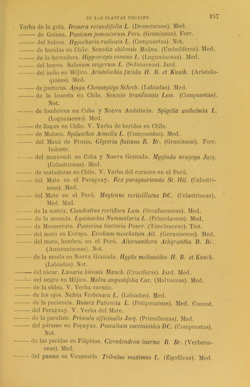 Yerba de la gota. Drosera rotundifolia L. (Droseraceas). Med. de Guinea. Panicum jumenlorum Pers. (Gramíneas). Forr. del balcón. Hypochcem radícula L. (Compuestas). Not. de heridas eu Chile. Scandix chilensis Molina. (Umbelíferas). Med. de la herradura. Hippocrepis comosa L. (Leguminosas). Med. del huevo. Solanum ovigerum L. (Solanáceas). Jard. del indio en Méjico. Aristolochia fcelida 11. B. et Kunlli. (Aristolo- quieas). Med. de junturas. Ajuga Chamcepitys Schreb. (Labiadas). Med. de la lanceta en Chile. Senecio brasiliensis Less. (Compuestas). Not. de lombrices en Cuba y Nueva Andalucía. Spigelia anthelmia L. (Loganiaceas). Med. de llagas en Chile. V. Yerba de heridas en Chile. de Maluco. Spilanlhes Amella L. (Compuestas). Med. del Maná de Prusia. Glyceria fluitans 11 Br. (Gramíneas). Forr. Tndustr. del maravedí en Cuba y Nueva Granada. Myginda uragogo Jacq. (Celastríneas). Med. de mataduras en Chile. V. Yerba del carnero en el Perú. del Mate en el Paraguay, llex paraguariensis St. Hit. (Celastrí- neas). Med. del Mate en el Perú. Maylenus verticillatus DC. (Celastríneas). Med. Mad. de la matriz. Clandestina rectiflora Lam. (Oronbacaceas). Med. de la moneda. Lysimachia Nutnmularia L. (Primuláceas). Med. de Monserrate. Passerina tinctoria Pourr. (Timeleaceas). Tint. del moro en Europa. Erodium moschatum Ait. (Geraniaceas). Med. del moro, hembra, en el Perú. Alternanthera Achyrantha B. Br. (Amarantaceas). Not. / déla muela en Nueva Granada, llyptis melissoides II. B. et Kunth. (Labiadas). Not. -delnácar. Lunaria biennis Mcench. (Cruciferas). Jard. Med. — del negro en Méjico. Malva angustí folia Cav. (Malvaceas). Med. de la oblea. Y. Yerba carmín. de los ojos. Salvia Verbenaca L. (Labiadas). Med. de la paciencia, fíumex Palien lia L. (Poligonáceas). Med. Comest. del Paraguay. V. Yerba del Mate. de la parálisis. Primilla officinalis Jacq. (Primuláceas). Med. del páramo en Popayan. Psacalium vaccinioides DC. (Compuestas). Not. de las paridas en Filipinas. Clerodendron inerme B. Br. (Verbená- ceas). Med. - del pasmo en Venezuela. Tribuías maximus L. (Zigofileas). Med.
