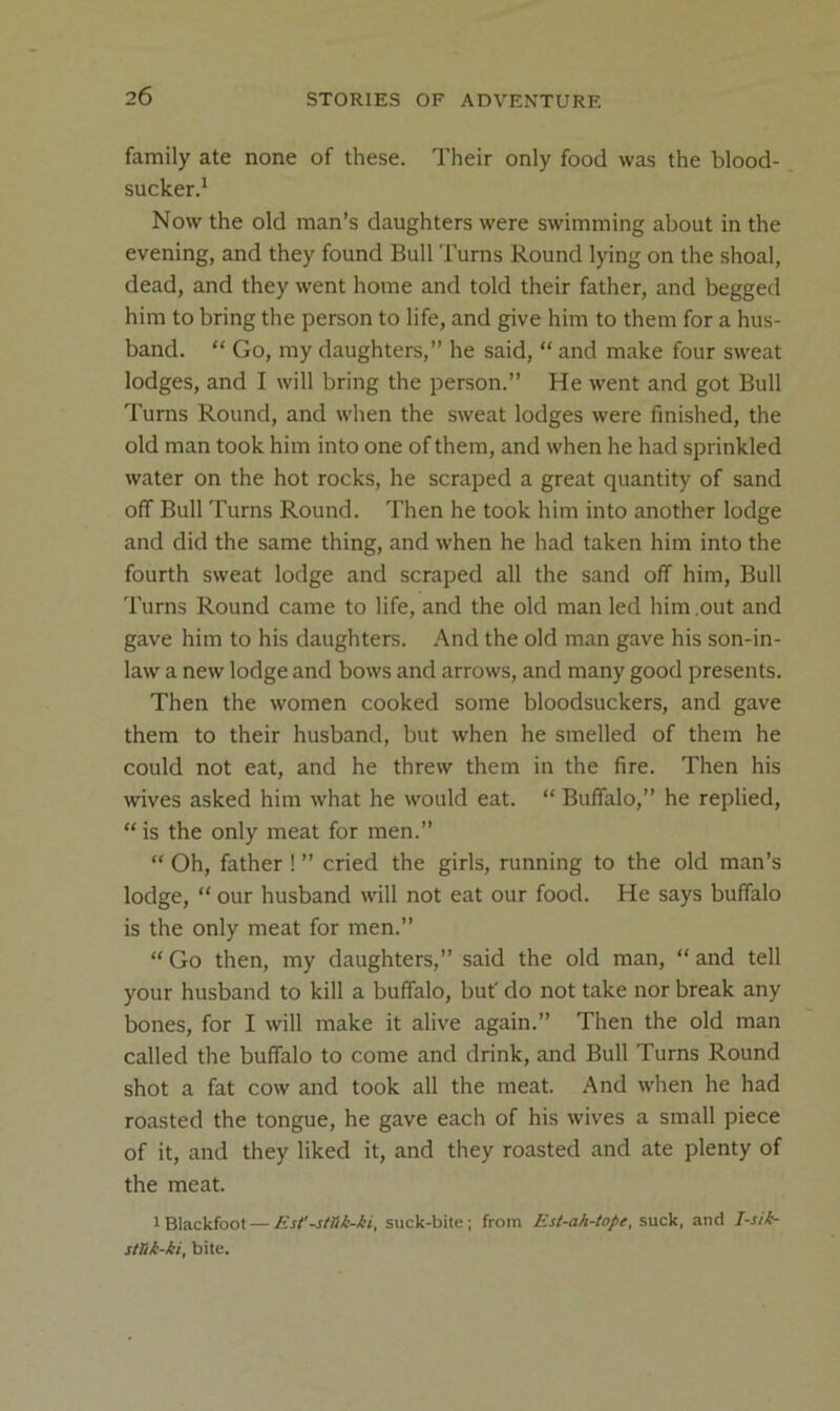 family ate none of these. Their only food was the blood- sucker.' Now the old man’s daughters were swimming about in the evening, and they found Bull Turns Round lying on the shoal, dead, and they went home and told their father, and begged him to bring the person to life, and give him to them for a hus- band. “ Go, my daughters,” he said, “ and make four sweat lodges, and I will bring the person.” He went and got Bull Turns Round, and when the sweat lodges were finished, the old man took him into one of them, and when he had sprinkled water on the hot rocks, he scraped a great quantity of sand off Bull Turns Round. Then he took him into another lodge and did the same thing, and when he had taken him into the fourth sweat lodge and scraped all the sand off him. Bull Turns Round came to life, and the old man led him .out and gave him to his daughters. And the old man gave his son-in- law a new lodge and bows and arrows, and many good presents. Then the women cooked some bloodsuckers, and gave them to their husband, but when he smelled of them he could not eat, and he threw them in the fire. Then his wives asked him what he would eat. “ Buffalo,” he replied, “ is the only meat for men.” “ Oh, father ! ” cried the girls, running to the old man’s lodge, “ our husband will not eat our food. He says buffalo is the only meat for men.” “ Go then, my daughters,” said the old man, “ and tell your husband to kill a buffalo, but' do not take nor break any bones, for I will make it alive again.” Then the old man called the buffalo to come and drink, and Bull Turns Round shot a fat cow and took all the meat. And when he had roasted the tongue, he gave each of his wives a small piece of it, and they liked it, and they roasted and ate plenty of the meat. 1 Blackfoot — Est'-stTik-ki, suck-bite; from Est-ah-tope, suck, and I-sik- stHk-ki, bite.