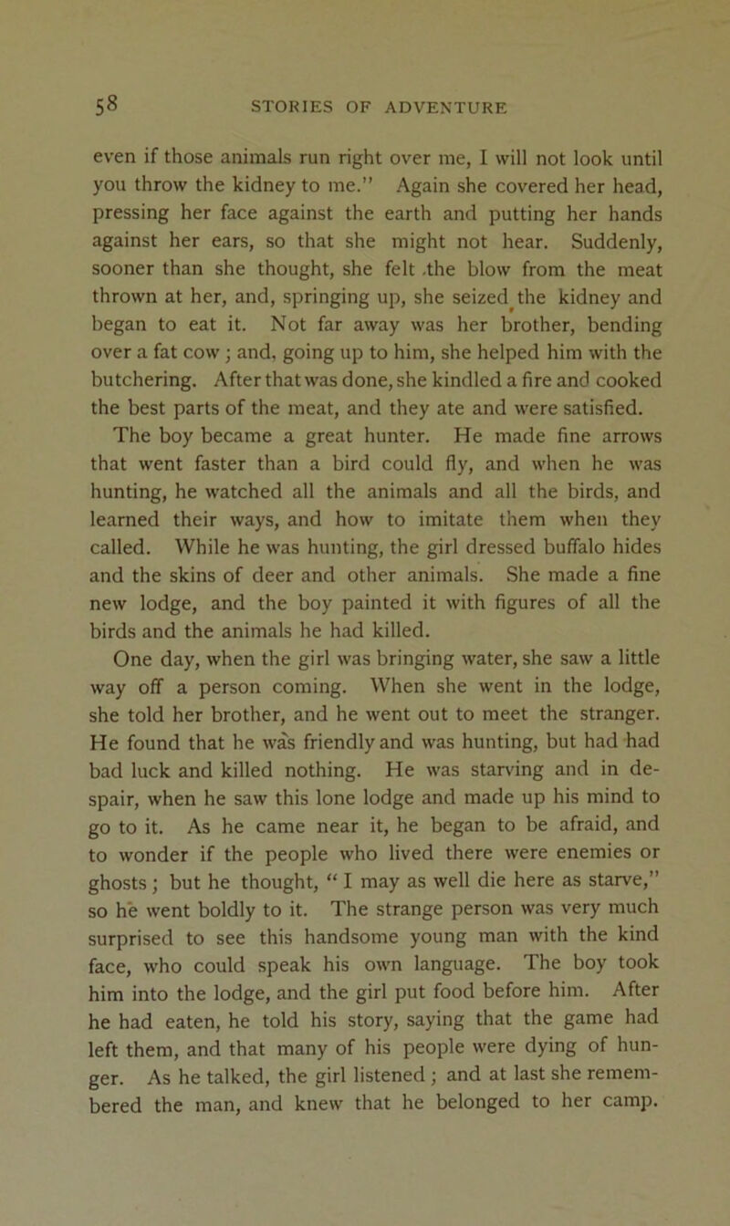 even if those animals run right over me, I will not look until you throw the kidney to me.” Again she covered her head, pressing her face against the earth and putting her hands against her ears, so that she might not hear. Suddenly, sooner than she thought, she felt .the blow from the meat thrown at her, and, springing up, she seized^ the kidney and began to eat it. Not far away was her brother, bending over a fat cow; and, going up to him, she helped him with the butchering. After that was done, she kindled a fire and cooked the best parts of the meat, and they ate and were satisfied. The boy became a great hunter. He made fine arrows that went faster than a bird could fly, and when he was hunting, he watched all the animals and all the birds, and learned their ways, and how to imitate them when they called. While he was hunting, the girl dressed buffalo hides and the skins of deer and other animals. She made a fine new lodge, and the boy painted it with figures of all the birds and the animals he had killed. One day, when the girl was bringing water, she saw a little way off a person coming. When she went in the lodge, she told her brother, and he went out to meet the stranger. He found that he was friendly and was hunting, but had had bad luck and killed nothing. He was starving and in de- spair, when he saw this lone lodge and made up his mind to go to it. As he came near it, he began to be afraid, and to wonder if the people who lived there were enemies or ghosts; but he thought, “ I may as well die here as starve,” so he went boldly to it. The strange person was very much surprised to see this handsome young man with the kind face, who could speak his own language. The boy took him into the lodge, and the girl put food before him. After he had eaten, he told his story, saying that the game had left them, and that many of his people were dying of hun- ger. As he talked, the girl listened ; and at last she remem- bered the man, and knew that he belonged to her camp.