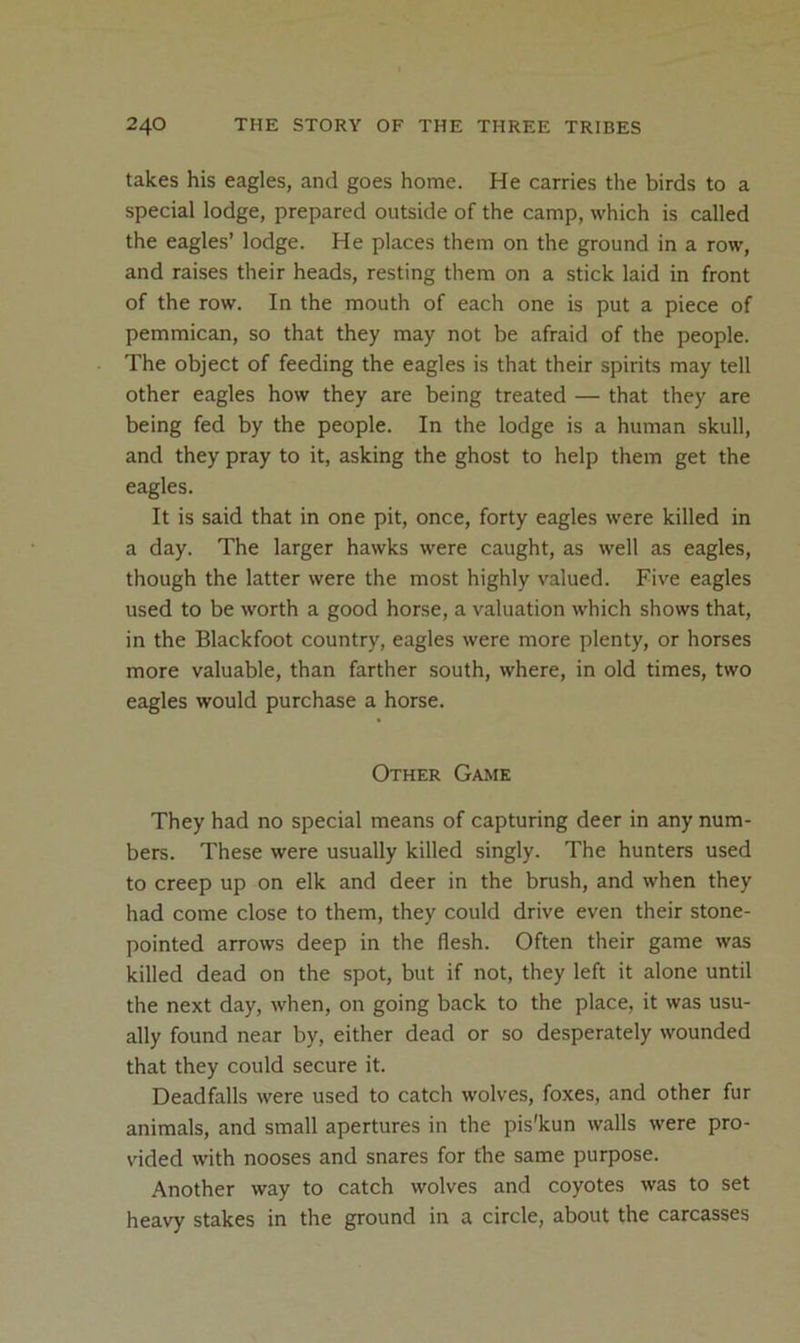 takes his eagles, and goes home. He carries the birds to a special lodge, prepared outside of the camp, which is called the eagles’ lodge. He places them on the ground in a row, and raises their heads, resting them on a stick laid in front of the row. In the mouth of each one is put a piece of pemmican, so that they may not be afraid of the people. The object of feeding the eagles is that their spirits may tell other eagles how they are being treated — that they are being fed by the people. In the lodge is a human skull, and they pray to it, asking the ghost to help them get the eagles. It is said that in one pit, once, forty eagles were killed in a day. The larger hawks were caught, as well as eagles, though the latter were the most highly valued. Five eagles used to be worth a good horse, a valuation which shows that, in the Blackfoot country, eagles were more plenty, or horses more valuable, than farther south, where, in old times, two eagles would purchase a horse. Other Game They had no special means of capturing deer in any num- bers. These were usually killed singly. The hunters used to creep up on elk and deer in the brush, and when they had come close to them, they could drive even their stone- pointed arrows deep in the flesh. Often their game was killed dead on the spot, but if not, they left it alone until the next day, when, on going back to the place, it was usu- ally found near by, either dead or so desperately wounded that they could secure it. Deadfalls were used to catch wolves, foxes, and other fur animals, and small apertures in the pis'kun walls were pro- vided with nooses and snares for the same purpose. Another way to catch wolves and coyotes was to set heavy stakes in the ground in a circle, about the carcasses