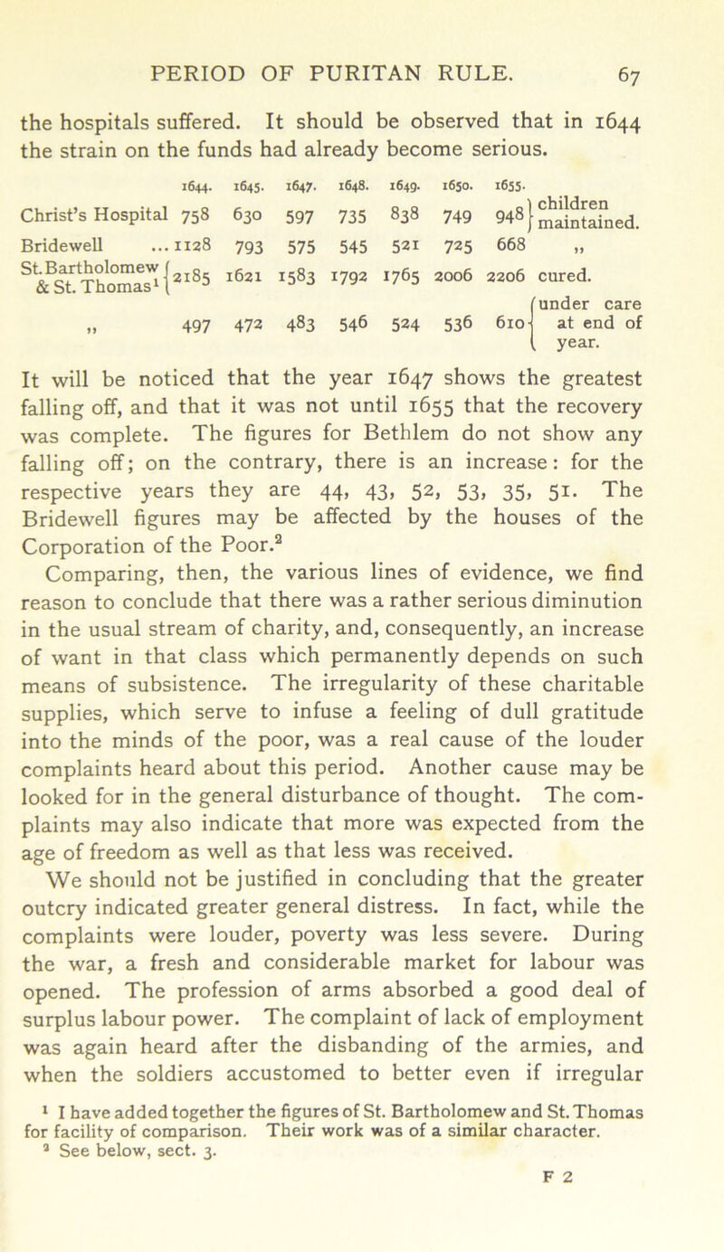 the hospitals suffered. It should be observed that in 1644 the strain on the funds had already become serious. 1644. 1645- 1647. 1648. 1649. 1650. 1655- Christ’s Hospital 758 630 597 735 838 749 948] children maintained. Bridewell 1128 793 575 545 52i 725 668 >> St. Bartholomew ( & St. Thomas1! 2185 1621 1583 1792 1765 2006 2206 cured. under care M 497 472 483 546 524 536 610 at end of , year. It will be noticed that the year 1647 shows the greatest falling off, and that it was not until 1655 that the recovery was complete. The figures for Bethlem do not show any falling off; on the contrary, there is an increase : for the respective years they are 44, 43, 52, 53, 35, 51. The Bridewell figures may be affected by the houses of the Corporation of the Poor.9 Comparing, then, the various lines of evidence, we find reason to conclude that there was a rather serious diminution in the usual stream of charity, and, consequently, an increase of want in that class which permanently depends on such means of subsistence. The irregularity of these charitable supplies, which serve to infuse a feeling of dull gratitude into the minds of the poor, was a real cause of the louder complaints heard about this period. Another cause may be looked for in the general disturbance of thought. The com- plaints may also indicate that more was expected from the age of freedom as well as that less was received. We should not be justified in concluding that the greater outcry indicated greater general distress. In fact, while the complaints were louder, poverty was less severe. During the war, a fresh and considerable market for labour was opened. The profession of arms absorbed a good deal of surplus labour power. The complaint of lack of employment was again heard after the disbanding of the armies, and when the soldiers accustomed to better even if irregular 1 I have added together the figures of St. Bartholomew and St. Thomas for facility of comparison. Their work was of a similar character. a See below, sect. 3.