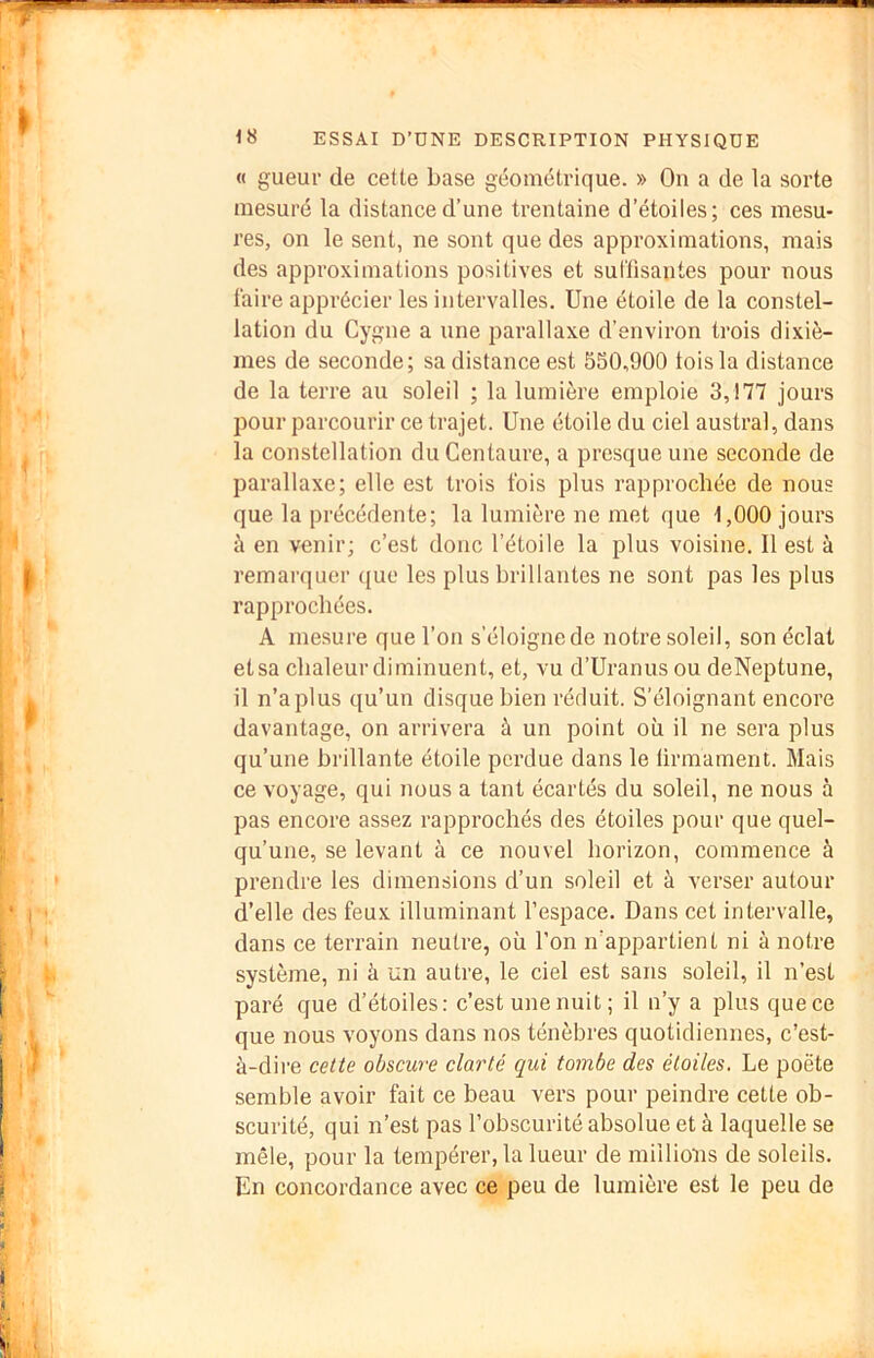 « gueur de cette base géométrique. » On a de la sorte mesuré la distance d’une trentaine d’étoiles; ces mesu- res, on le sent, ne sont que des approximations, mais des approximations positives et sutïisantes pour nous taire apprécier les intervalles. Une étoile de la constel- lation du Cygne a une parallaxe d’environ trois dixiè- mes de seconde; sa distance est 550,900 lois la distance de la terre au soleil ; la lumière emploie 3,!77 jours pour parcourir ce trajet. Une étoile du ciel austral, dans la constellation du Centaure, a presque une seconde de parallaxe; elle est trois fois plus rapprochée de nous que la précédente; la lumière ne met que 1,000 jours à en venir; c’est donc l’étoile la plus voisine. Il est à remarquer ({ue les plus brillantes ne sont pas les plus rapprochées. A mesure que l’on s’éloigne de notre soleil, son éclat et sa chaleur diminuent, et, vu d’Uranus ou deNeptune, il n’a plus qu’un disque bien réduit. S’éloignant encore davantage, on arrivera à un point où il ne sera plus qu’une brillante étoile perdue dans le ürmament. Mais ce voyage, qui nous a tant écartés du soleil, ne nous à pas encore assez rapprochés des étoiles pour que quel- qu’une, se levant à ce nouvel horizon, commence à prendre les dimensions d’un soleil et à verser autour d’elle des feux illuminant l’espace. Dans cet intervalle, dans ce terrain neutre, où l’on n’appartient ni à notre système, ni à un autre, le ciel est sans soleil, il n’est paré que d’étoiles: c’est une nuit ; il n’y a plus que ce que nous voyons dans nos ténèbres quotidiennes, c’est- à-dii'e cette obscure clarté qui tombe des étoiles. Le poète semble avoir fait ce beau vers pour peindre cette ob- scurité, qui n’est pas l’obscurité absolue et à laquelle se mêle, pour la tempérer, la lueur de millions de soleils. En concordance avec ce peu de lumière est le peu de