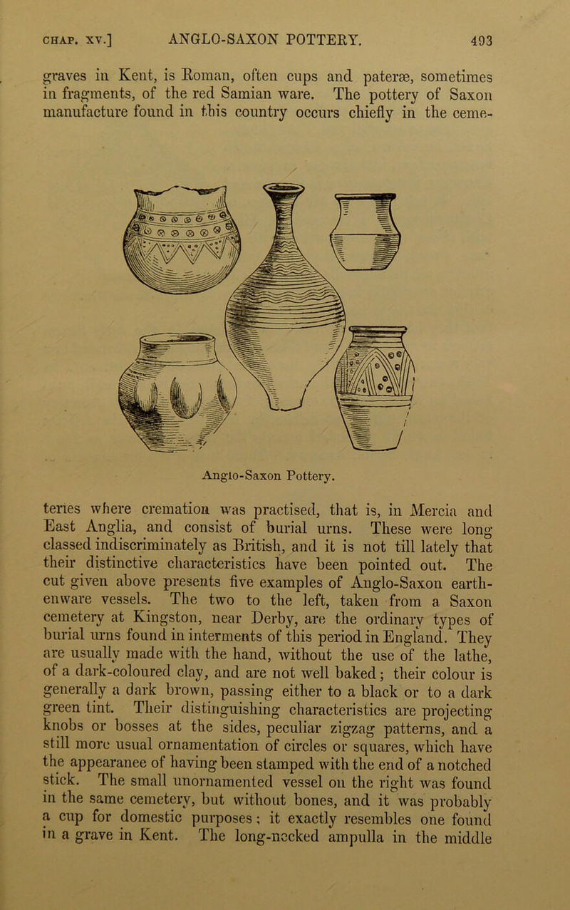 graves in Kent, is Roman, often cups and paterae, sometimes in fragments, of the red Samian ware. The pottery of Saxon manufacture found in this country occurs chiefly in the ceme- Angio-Saxon Pottery. tenes where cremation was practised, that is, in Mercia and East Anglia, and consist of burial urns. These were long- classed indiscriminately as British, and it is not till lately that their distinctive characteristics have been pointed out. The cut given above presents five examples of Anglo-Saxon earth- enware vessels. The two to the left, taken from a Saxon cemetery at Kingston, near Derby, are the ordinary types of burial urns found in interments of this period in England. They are usually made with the hand, without the use of the lathe, of a dark-coloured clay, and are not well baked; their colour is generally a dark brown, passing either to a black or to a dark green tint. Their distinguishing characteristics are projecting knobs or bosses at the sides, peculiar zigzag patterns, and a still more usual ornamentation of circles or squares, which have the appearanee of having been stamped with the end of a notched stick. The small unornamented vessel on the right was found in the same cemetery, but without bones, and it was probably a cup for domestic purposes; it exactly resembles one found in a grave in Kent. The long-nccked ampulla in the middle