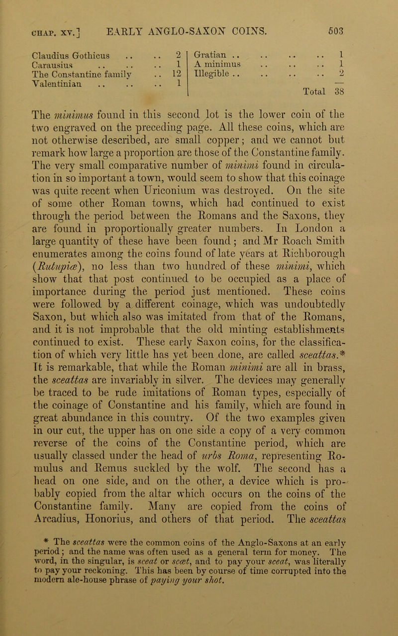Claudius Gothicus Carausius The Constantine family Yalentinian 2 1 12 1 Gratian .. A minimus Illegible .. 1 1 2 Total 38 The minimus found in this second lot is the lower coin of the two engraved on the preceding page. All these coins, which are not otherwise described, are small copper; and we cannot but remark how large a proportion are those of the Constantine family. The very small comparative number of minimi found in circula- tion in so important a town, -would seem to show that this coinage was quite recent when Uriconium was destroyed. On the site of some other Roman towns, which had continued to exist through the period between the Romans and the Saxons, they are found in proportionally greater numbers. In London a large quantity of these have been found ; and Mr Roach Smith enumerates among the coins found of late years at Richborough (.Rutupice), no less than two hundred of these minimi, which show that that post continued to be occupied as a place of importance during the period just mentioned. These coins were followed by a different coinage, which was undoubtedly Saxon, but which also was imitated from that of the Romans, and it is not improbable that the old minting establishments continued to exist. These early Saxon coins, for the classifica- tion of which very little has yet been done, are called sceattas * It is remarkable, that while the Roman minimi are all in brass, the sceattas are invariably in silver. The devices may generally be traced to be rude imitations of Roman types, especially of the coinage of Constantine and his family, which are found in great abundance in this country. Of the two examples given in our cut, the upper has on one side a copy of a very common reverse of the coins of the Constantine period, which are usually classed under the head of urbs Roma, representing Ro- mulus and Remus suckled by the wolf. The second has a head on one side, and on the other, a device which is pro- bably copied from the altar which occurs on the coins of the Constantine family. Many are copied from the coins of Arcadius, Honorius, and others of that period. The sceattas * The sceattas were the common coins of the Anglo-Saxons at an early- period ; and the name was often used as a general term for money. The word, in the singular, is sceat or scat, and to pay your sceat, was literally to pay your reckoning. This has been by course of time corrupted into the modem ale-house phrase of paying your shot.