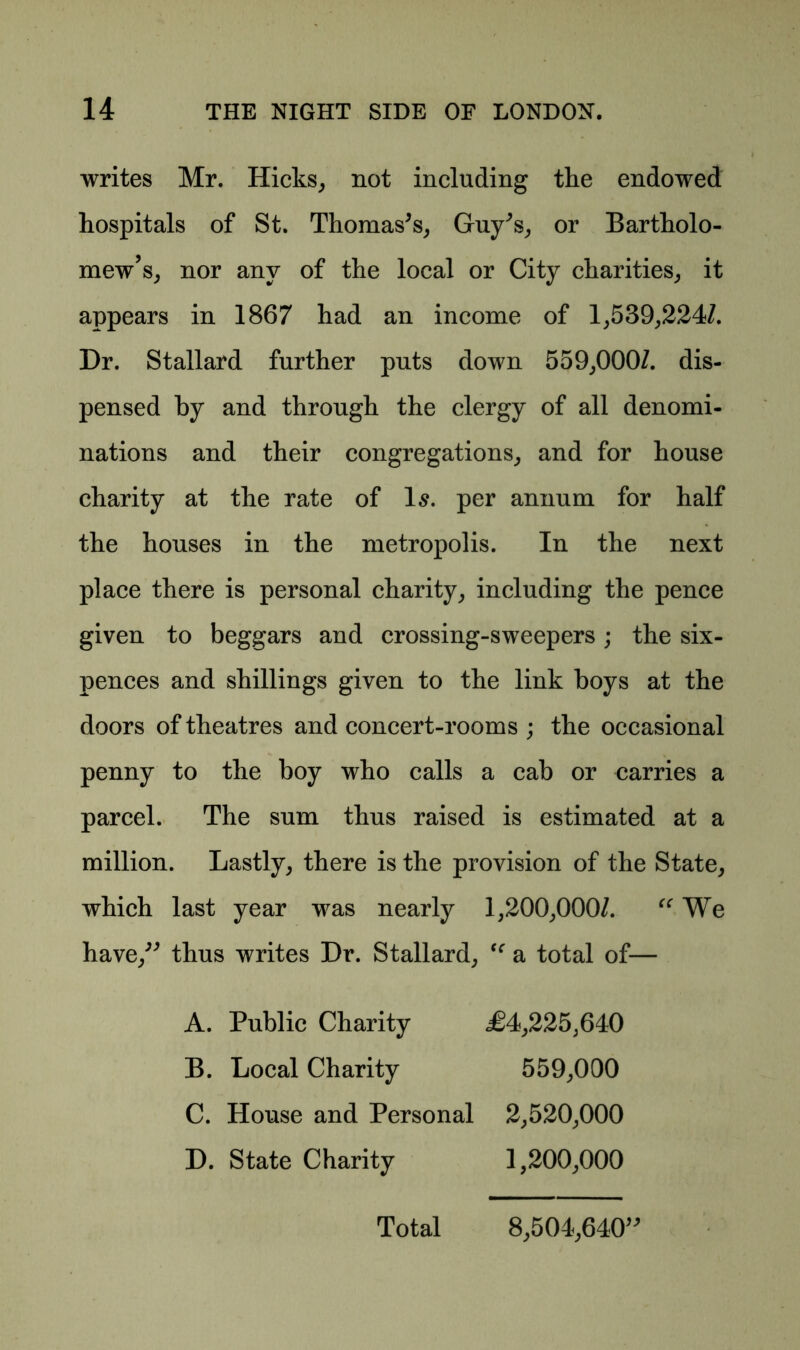 writes Mr. Hicks, not including the endowed hospitals of St. Thomas's, Guy's, or Bartholo- mew’s, nor any of the local or City charities, it appears in 1867 had an income of 1,539,224/. Dr. Stallard further puts down 559,000/. dis- pensed by and through the clergy of all denomi- nations and their congregations, and for house charity at the rate of Is. per annum for half the houses in the metropolis. In the next place there is personal charity, including the pence given to beggars and crossing-sweepers; the six- pences and shillings given to the link boys at the doors of theatres and concert-rooms ; the occasional penny to the boy who calls a cab or carries a parcel. The sum thus raised is estimated at a million. Lastly, there is the provision of the State, which last year was nearly 1,200,000/. “ We have, thus writes Dr. Stallard, “ a total of— A. Public Charity £4,225,640 B. Local Charity 559,000 C. House and Personal 2,520,000 D. State Charity 1,200,000 Total 8,504,640