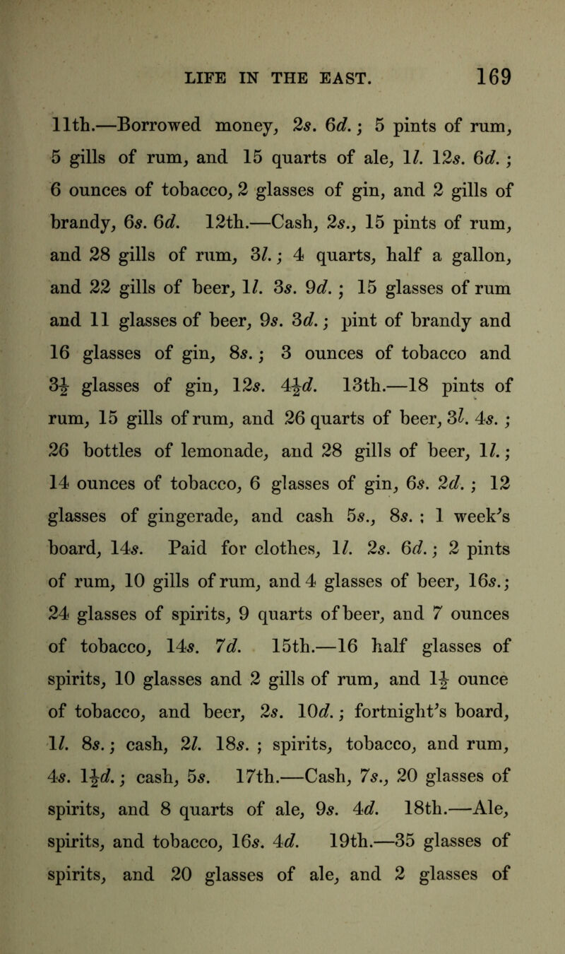 11th.—Borrowed money, 2s. 6d.; 5 pints of rum, 5 gills of rum, and 15 quarts of ale, 1/. 12s. 6d. ; 6 ounces of tobacco, 2 glasses of gin, and 2 gills of brandy, 6s. 6d. 12th.—Cash, 2s., 15 pints of rum, and 28 gills of rum, 31.; 4 quarts, half a gallon, and 22 gills of beer, 1/. 3s. 9d. ; 15 glasses of rum and 11 glasses of beer, 9s. 3d.; pint of brandy and 16 glasses of gin, 8s.; 3 ounces of tobacco and 3J glasses of gin, 12s. 4\d. 13th.—18 pints of rum, 15 gills of rum, and 26 quarts of beer, 3^. 4s. ; 26 bottles of lemonade, and 28 gills of beer, 11.; 14 ounces of tobacco, 6 glasses of gin, 6s. 2d. ; 12 glasses of gingerade, and cash 5s., 8s. ; 1 week's board, 14s. Paid for clothes, 11. 2s. 6d.; 2 pints of rum, 10 gills of rum, and 4 glasses of beer, 16s.; 24 glasses of spirits, 9 quarts of beer, and 7 ounces of tobacco, 14s. 7d. 15th.—16 half glasses of spirits, 10 glasses and 2 gills of rum, and 1^ ounce of tobacco, and beer, 2s. 10 d.; fortnight's board, 1/. 8s.; cash, 21. 18s. ; spirits, tobacco, and rum, 4s. 1 \d.) cash, 5s. 17th.—Cash, 7s., 20 glasses of spirits, and 8 quarts of ale, 9s. 4d. 18th.—Ale, spirits, and tobacco, 16s. 4d. 19th.—35 glasses of spirits, and 20 glasses of ale, and 2 glasses of