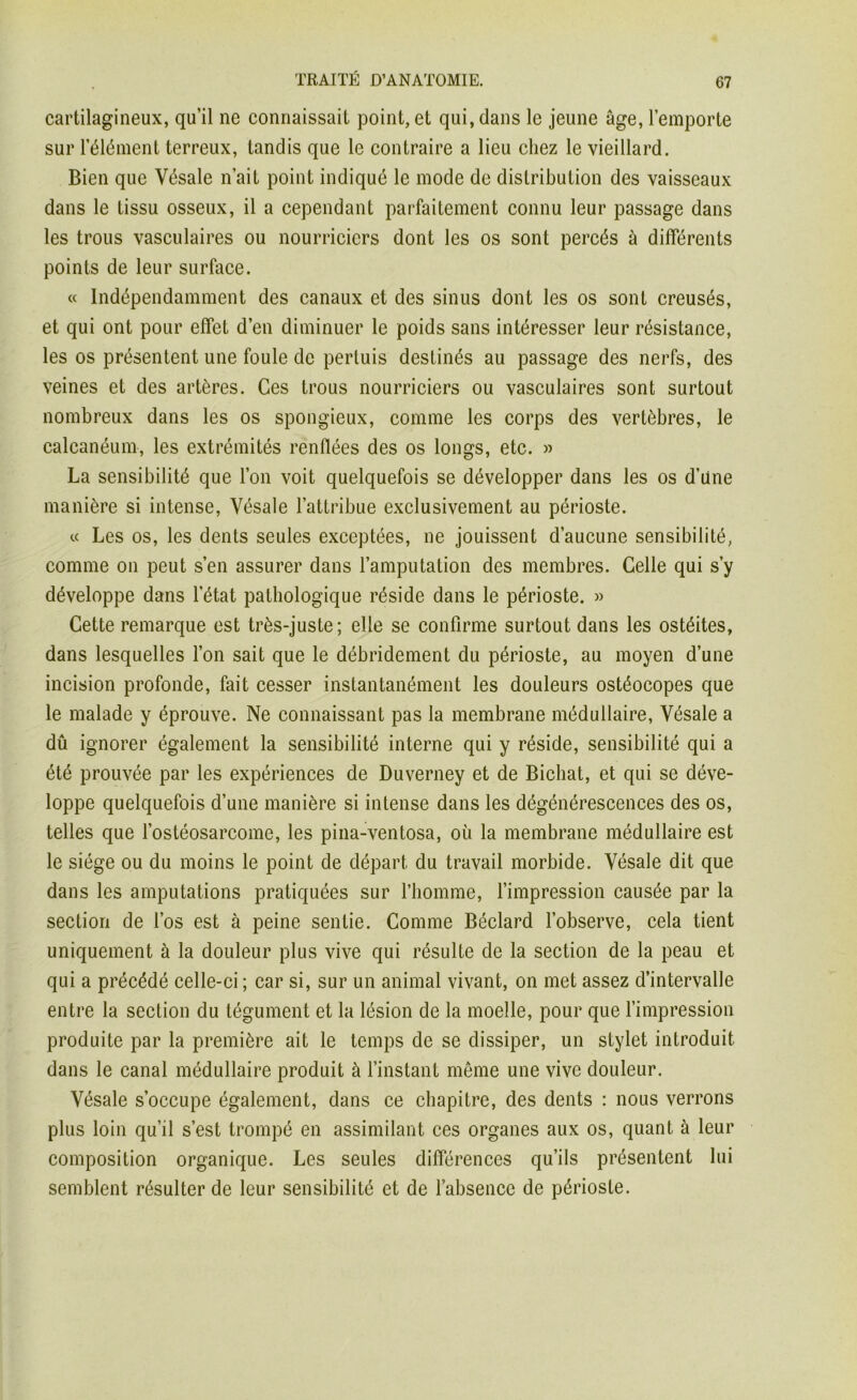 cartilagineux, qu’il ne connaissait point, et qui, dans le jeune âge, l’emporte sur l’élément, terreux, tandis que le contraire a lieu chez le vieillard. Bien que Vésale n’ait point indiqué le mode de distribution des vaisseaux dans le tissu osseux, il a cependant parfaitement connu leur passage dans les trous vasculaires ou nourriciers dont les os sont percés à différents points de leur surface. « Indépendamment des canaux et des sinus dont les os sont creusés, et qui ont pour effet d’en diminuer le poids sans intéresser leur résistance, les os présentent une foule de perluis destinés au passage des nerfs, des veines et des artères. Ces trous nourriciers ou vasculaires sont surtout nombreux dans les os spongieux, comme les corps des vertèbres, le calcanéum, les extrémités renflées des os longs, etc. » La sensibilité que l’on voit quelquefois se développer dans les os d’üne manière si intense, Vésale l’attribue exclusivement au périoste. « Les os, les dents seules exceptées, ne jouissent d’aucune sensibilité, comme on peut s’en assurer dans l’amputation des membres. Celle qui s’y développe dans l’état pathologique réside dans le périoste. » Cette remarque est très-juste; elle se confirme surtout dans les ostéites, dans lesquelles l’on sait que le débridement du périoste, au moyen d’une incision profonde, fait cesser instantanément les douleurs ostéocopes que le malade y éprouve. Ne connaissant pas la membrane médullaire, Vésale a dû ignorer également la sensibilité interne qui y réside, sensibilité qui a été prouvée par les expériences de Duverney et de Bichat, et qui se déve- loppe quelquefois d’une manière si intense dans les dégénérescences des os, telles que l’ostéosarcome, les pina-ventosa, où la membrane médullaire est le siège ou du moins le point de départ du travail morbide. Vésale dit que dans les amputations pratiquées sur l’homme, l’impression causée par la section de l’os est à peine sentie. Comme Béclard l’observe, cela tient uniquement à la douleur plus vive qui résulte de la section de la peau et qui a précédé celle-ci ; car si, sur un animal vivant, on met assez d’intervalle entre la section du tégument et la lésion de la moelle, pour que l’impression produite par la première ait le temps de se dissiper, un stylet introduit dans le canal médullaire produit à l’instant même une vive douleur. Vésale s’occupe également, dans ce chapitre, des dents : nous verrons plus loin qu’il s’est trompé en assimilant ces organes aux os, quant à leur composition organique. Les seules différences qu’ils présentent lui semblent résulter de leur sensibilité et de l’absence de périoste.