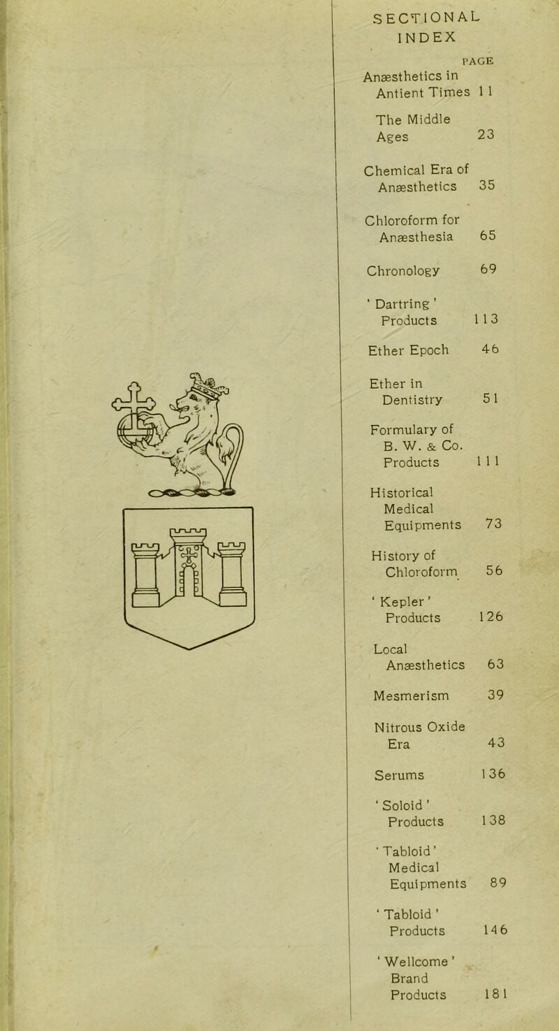 s ECTIONAL INDEX PAGE Anaesthetics in Antient Times 1 1 The Middle Ages 23 Chemical Era of Anaesthetics 35 Chloroform for Anaesthesia 65 Chronology 69 ' Dartring ’ Products 1 13 Ether Epoch 46 Ether in Dentistry 51 Formulary of B. W. & Co. Products 1 1 1 Historical Medical Equipments 73 History of Chloroform 56 ' Kepler ’ Products 126 Local Anaesthetics 63 Mesmerism 39 Nitrous Oxide Era 43 Serums 136 ‘ Soloid ’ Products 138 ' Tabloid’ Medical Equipments 89 ' Tabloid ' Products 146 ' Wellcome ’ Brand Products 181