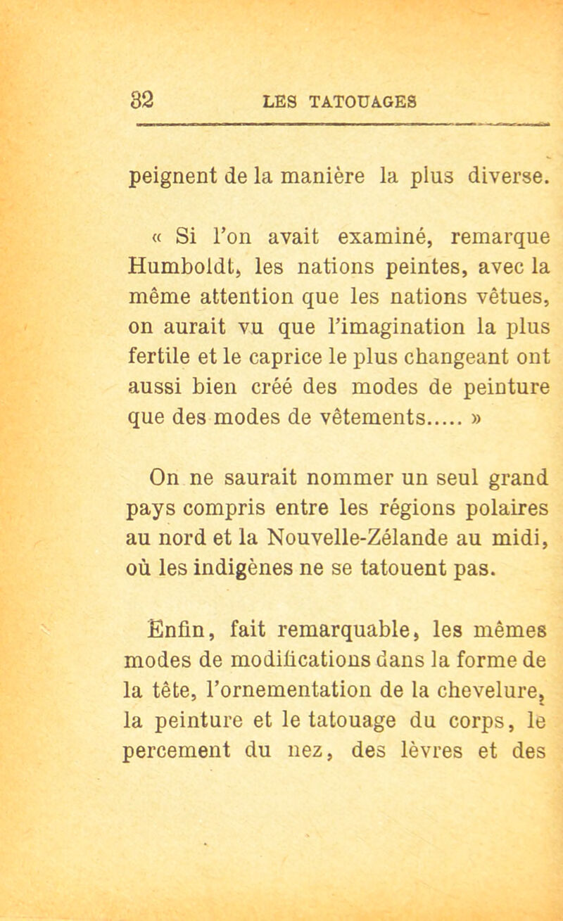 peignent de la manière la plus diverse. « Si Ton avait examiné, remarque Humboldt, les nations peintes, avec la même attention que les nations vêtues, on aurait vu que rimagination la plus fertile et le caprice le plus changeant ont aussi bien créé des modes de peinture que des modes de vêtements » On ne saurait nommer un seul grand pays compris entre les régions polaires au nord et la Nouvelle-Zélande au midi, où les indigènes ne se tatouent pas. Enfin, fait remarquable, les mêmes modes de modifications dans la forme de la tête, l’ornementation de la chevelurej la peinture et le tatouage du corps, le percement du nez, des lèvres et des