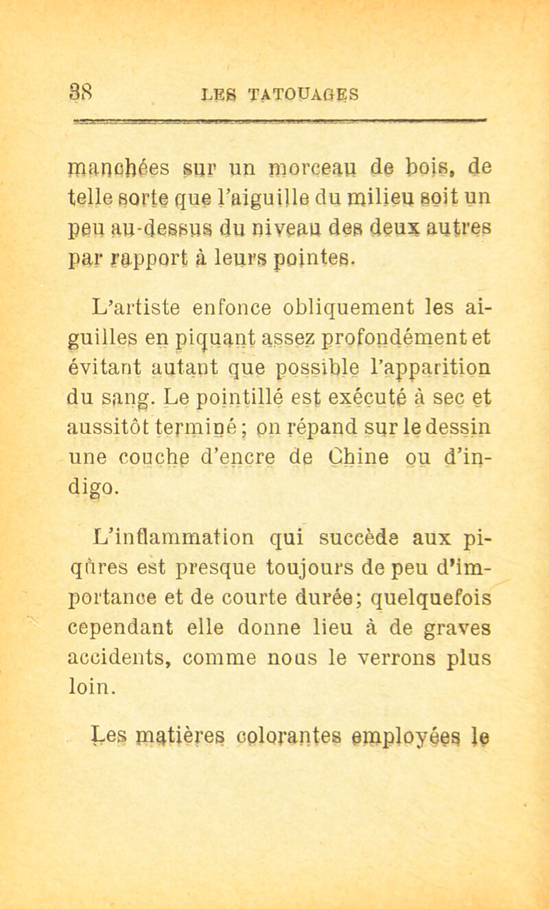 manohées sur un morceau de l)ois, de telle sorte que raiguille du milieu soit un peu au-dessus du niveau des deux autres par rapport k leurs pointes. L’artiste enfonce obliquement les ai- guilles en piquant assez profondément et évitant autant que possible rapparition du sang. Le pointillé est exécuté à sec et aussitôt terminé ; pn répand sur le dessin une couche d’encre de Chine ou d’in- digo. L’inflammation qui succède aux pi- qûres est presque toujours de peu d’im- portance et de courte durée; quelquefois cependant elle donne lieu à de graves accidents, comme nous le verrons plus loin. Les matières colorantes omployées ie