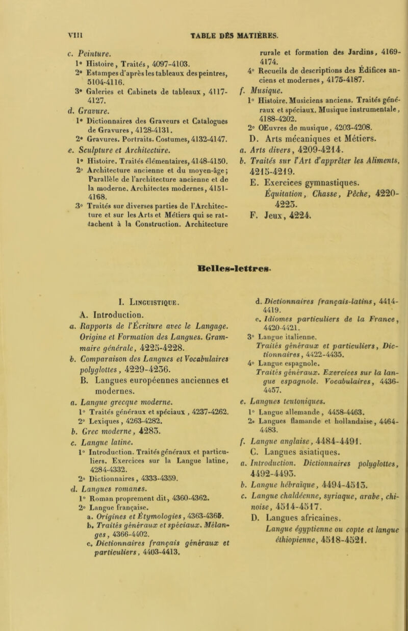 c. Peinture. 1° Histoire, Traités, 4097-4103. 2° Estampes d’apres les tableaux des peintres, 5104-4116. 3* Galeries et Cabinets de tableaux, 4117- 4127. d. Gravure. 1° Dictionnaires des Graveurs et Catalogues de Gravures, 4128-4131. 2* Gravures. Portraits. Costumes, 4132-4147. e. Sculpture et Architecture. 1° Histoire. Traités élémentaires, 4148-4150. 2° Architecture ancienne et du moyen-âge; Parallèle de l'architecture ancienne et de la moderne. Architectes modernes, 4151- 4168. 3° Traités sur diverses parties de l’Architec- ture et sur les Arts et Métiers qui se rat- tachent à la Construction. Architecture rurale et formation des Jardins, 4169- 4174. 4° Recueils de descriptions des Edifices an- ciens et modernes, 4175-4187. f. Musique. 1° Histoire. Musiciens anciens. Traités géné- raux et spéciaux. Musique instrumentale, 4188-4202. 2° OEuvres de musique, 4203-4208. D. Arts mécaniques et Métiers. a. Arts divers, 4209-4214. b. Traités sur F Art d’apprêter les Aliments, 4215-4219. E. Exercices gymnastiques. Équitation, Chasse, Pêche, 4220- 4223. F. Jeux, 4224. Belles-lettres. I. Linguistique. A. Introduction. a. Rapports de l’Écriture avec le Langage. Origine et Formation des Langues. Gram- maire générale, 4225-4228. b. Comparaison des Langues et Vocabulaires polyglottes, 4229-4236. B. Langues européennes anciennes et modernes. a. Langue grecque moderne. 1° Traités généraux et spéciaux , 4237-4262. 2° Lexiques, 4263-4282. b. Grec moderne, 4283. c. Langue latine. 1° Introduction. Traités généraux et particu- liers. Exercices sur la Langue latine, 4284-4332. 2° Dictionnaires, 4333-4359. d. Langues romanes. 1° Roman proprement dit, 4360-4362. 2° Langue française. a. Origines et Étymologies, 4363-4366. b. Traités généraux et spéciaux. Mélan- ges , 4366-4402. c. Dictionnaires français généraux et particuliers, 4403-4413. d. Dictionnaires français-latins, 4414- 4419. e. Idiomes particuliers de la France, 4420-4421. 3° Langue italienne. Traités généraux et particuliers, Dic- tionnaires , 4422-4435. 4° Langue espagnole. Traités généraux. Exercices sur la lan- gue espagnole. Vocabulaires, 4436- 4457. e. Langues teutoniques. 1° Langue allemande, 4458-4463. 2« Langues flamande et hollandaise, 4464- 4483. f. Langue anglaise, 4484-4491. C. Langues asiatiques. a. Introduction. Dictionnaires polyglottes, 4492-4493. b. Langue hébraïque, 4494-4513. c. Langue chaldéenne, syriaque, arabe, chi- noise, 4514-4517. D. Langues africaines. Langue égyptienne ou copte et langue éthiopienne, 4518-4521.