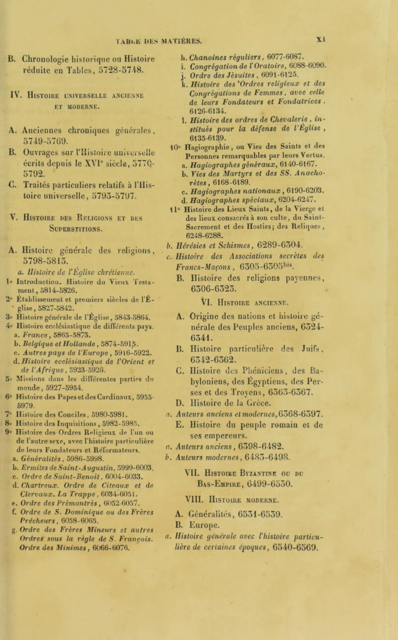 B. Chronologie historique ou Histoire réduite en Tables, 5728-5748. IV. Histoire universelle ancienne ET MODERNE. A. Anciennes chroniques générales, 5749-5769. B. Ouvrages sur l’Histoire universelle écrits depuis le XVIe siècle, 5770- 5792. C. Traités particuliers relatifs à l’His- toire universelle, 5793-5797. V. Histoire des Religions et des Superstitions. A. Histoire générale des religions, 5798-5815. a. Histoire île l’Église chrétienne. 1» Introduction. Histoire du Vieux Testa- ment , 5814-5826. 2U Etablissement et premiers siècles de l’É- • glise, 5827-5842. 3o Histoire générale de l’Église, 5843-5864. 4» Histoire ecclésiastique de différents pays. a. France, 5865-5873. b. Belgique et Hollande, 5874-5915. c. Autres pays de l’Europe , 59(6-5922. d. Histoire ecclésiastique de l’Orient et de l’Afrique, 5923-5926. 5u M issions dans les différentes parties du monde, 5927-5954. 6° Histoire des Papes et des Cardinaux, 5955- 5979. 7° Histoire des Conciles, 5980-5981. 8o Histoiro des Inquisitions, 5982-5983. 9° Histoire des Ordres Religieux de l’un ou de l’autre sexe, avec l’histoire particulière de leurs Fondateurs et Réformateurs. a. Généralités. 5986-5998. b. Ermites de Saint-Augustin, 3999-6003. c. Ordre de Saint-Benoît, 6004-6033. d. Chartreux. Ordre de Citeaux et de Clervuux. La Trappe , 6084-6051. e. Ordre des Prèmontrês, 6052-6057. f. Ordre de S. Dominique ou des Frères Prêcheurs, 6058-6065. g. Ordre des Frères Mineurs et autres Ordres sous la règle de S. François. Ordre des Minimes, 6066-6076. h. Chanoines réguliers, 6077-6087. i. Congrégation de l’Oratoire, 6088-6090. j. Ordre des Jésuites, 6091-6125. k. Histoire des *Ordres religieux et des Congrégations de Femmes, avec celle de leurs Fondateurs et Fondatrices . 6126-6134. l. Histoire des ordres de Chevalerie , in- stitués pour la défense de l’Église , 6135-6139. 10° Hagiographie, ou Vies des Saints et des Personnes remarquables par leurs Vertus. a. Hagiographes généraux, 6140-6167. b. Vies des Martyrs et des SS. Anacho- rètes , 6168-6189. c. Hagiographes nationaux, 6190-6203. d. Hagiographes spéciaux, 6204-6247. il Histoire des Lieux Saints, de la Vierge et des lieux consacrés à son culte, du Saint- Sacrement et des Hosties; des Reliques , 6248-6288. /;. Hérésies et Schismes, 6289-6304. c. Histoire des Associations secrètes des Francs-Maçons, 6305-6505,)ls. B. Histoire des religions payennes, 6306-6323. VI. Histoire ancienne. A. Origine des nations et histoire gé- nérale des Peuples anciens, 6524- 6341. B. Histoire particulière des Juifs, 6342-6362. C. Histoire des Phéniciens, des Ba- byloniens, des Egyptiens, des Per- ses et des Troycns, 6563-6367. D. Histoire de la Grèce. a. Auteurs anciens et modernes, 6368-6597. E. Histoire du peuple romain et de ses empereurs. a. Auteurs anciens, 6598-6482. b. Auteurs modernes, 6485-6498. VII. Histoire Byzantine ou du Bas-Empire, 6499-6550. VIII. Histoire moderne. A. Généralités, 6531-6559. B. Europe. a. Histoire générale avec l’histoire particu- lière de certaines époques, 6540-6569.